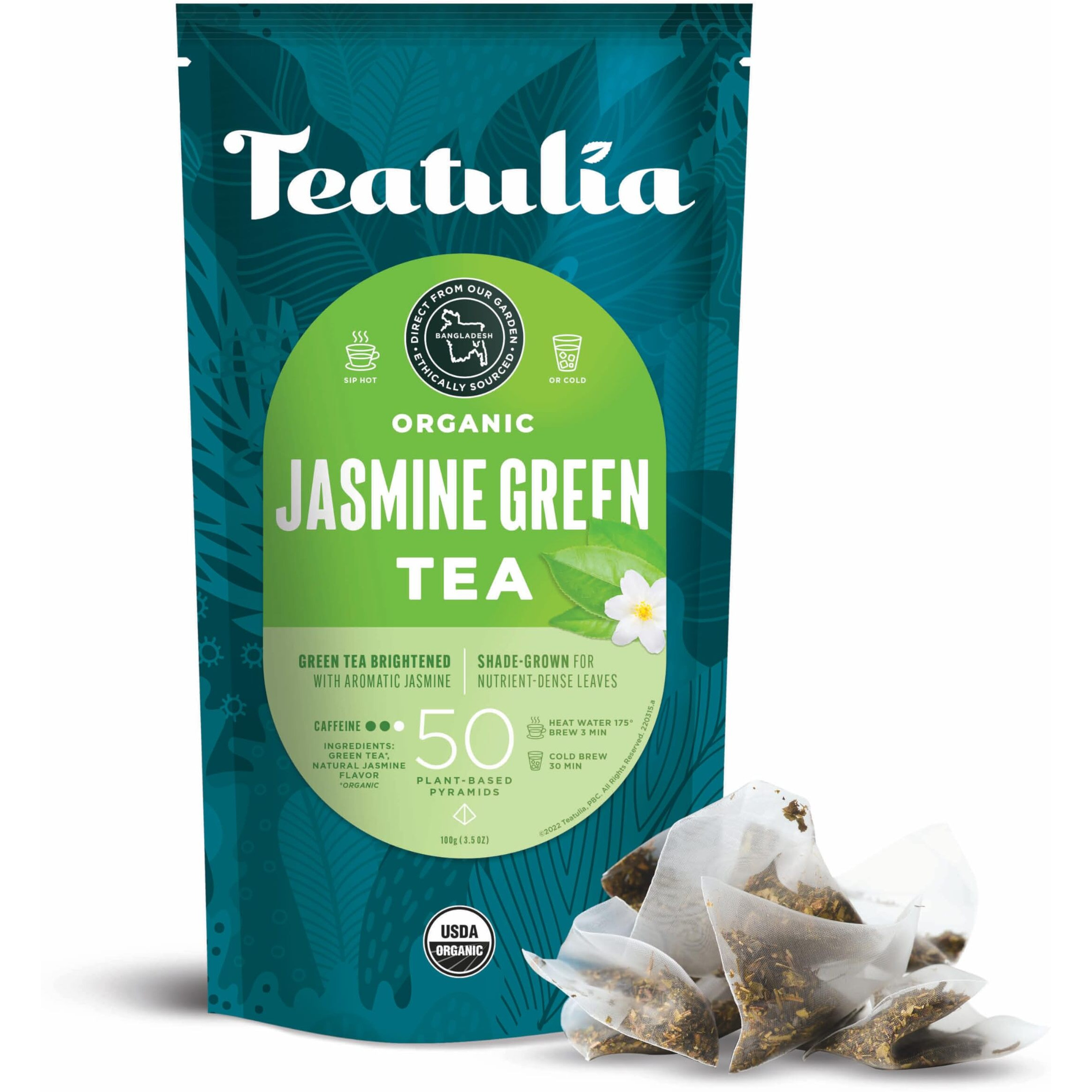 Teatulia Organic Jasmine Green Tea Bags (50 Pyramid Sachet Teabags) Whole Leaf Natural Green Tea Infused With Jasmine Flower In Bags | Premium 100% Compostable And Sustainably Grown In Bangladesh