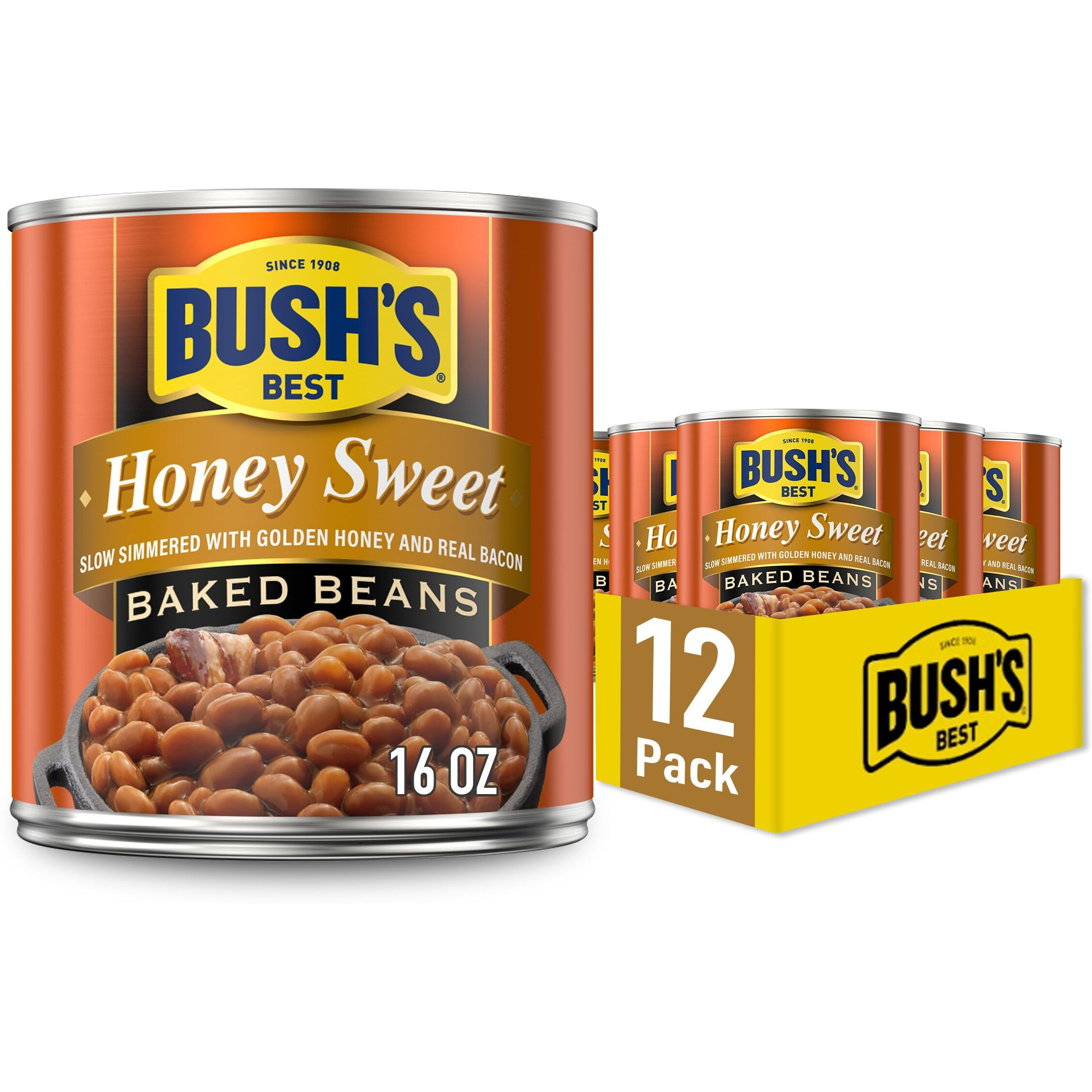 Bush's Best 16 Oz Canned Honey Sweet Baked Beans, Source Of Plant Based Protein And Fiber, Low Fat, Gluten Free, (Pack Of 12)