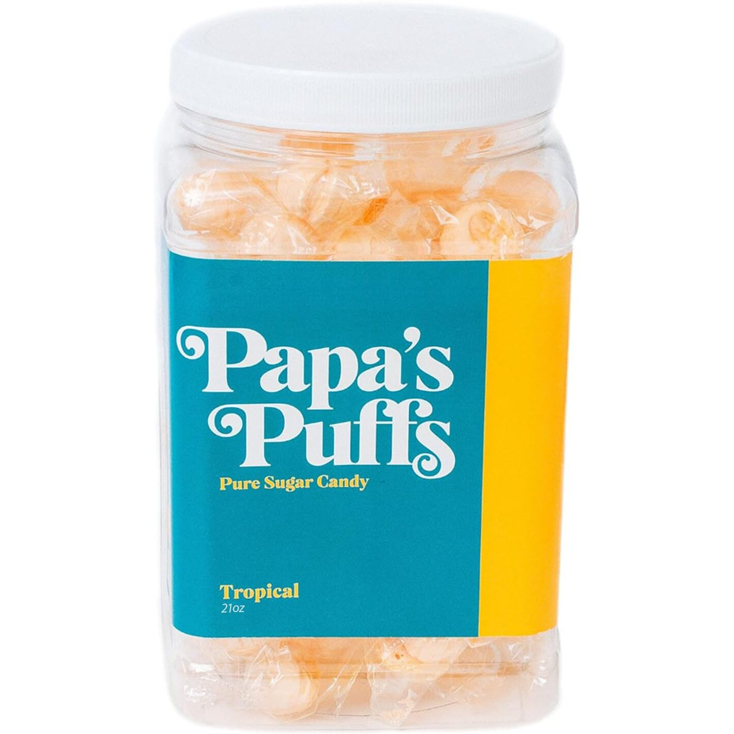 Papa's Puffs Tropical Flavored Pure Sugar Candy - Individually Wrapped In Resealable Tub - Fat-Free, Gluten-Free, Cholesterol-Free - Manufactured In The Usa