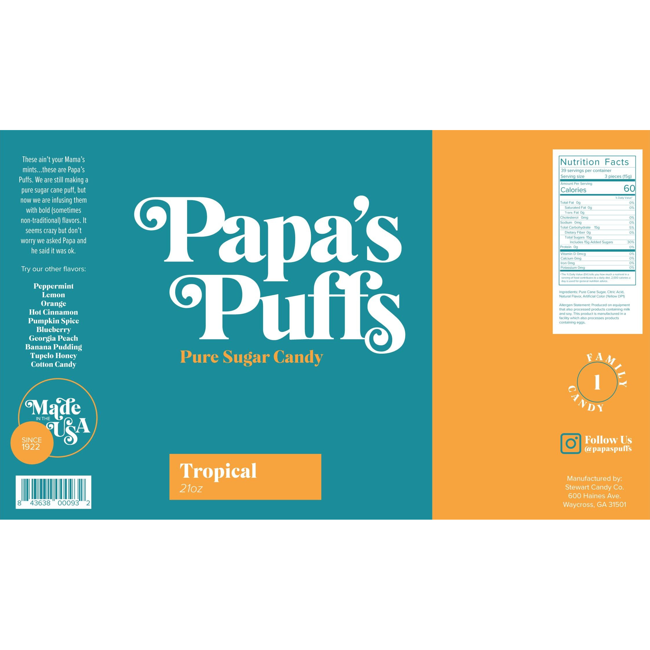 Papa's Puffs Tropical Flavored Pure Sugar Candy - Individually Wrapped In Resealable Tub - Fat-Free, Gluten-Free, Cholesterol-Free - Manufactured In The Usa