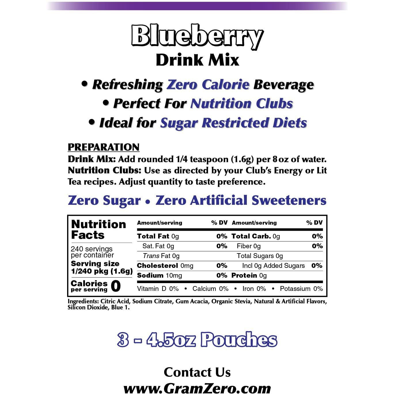Gramzero Blueberry Zero Calorie Sugar Free Drink Mix, Great For Nutrition Club Loaded Teas, Stevia Sweetened