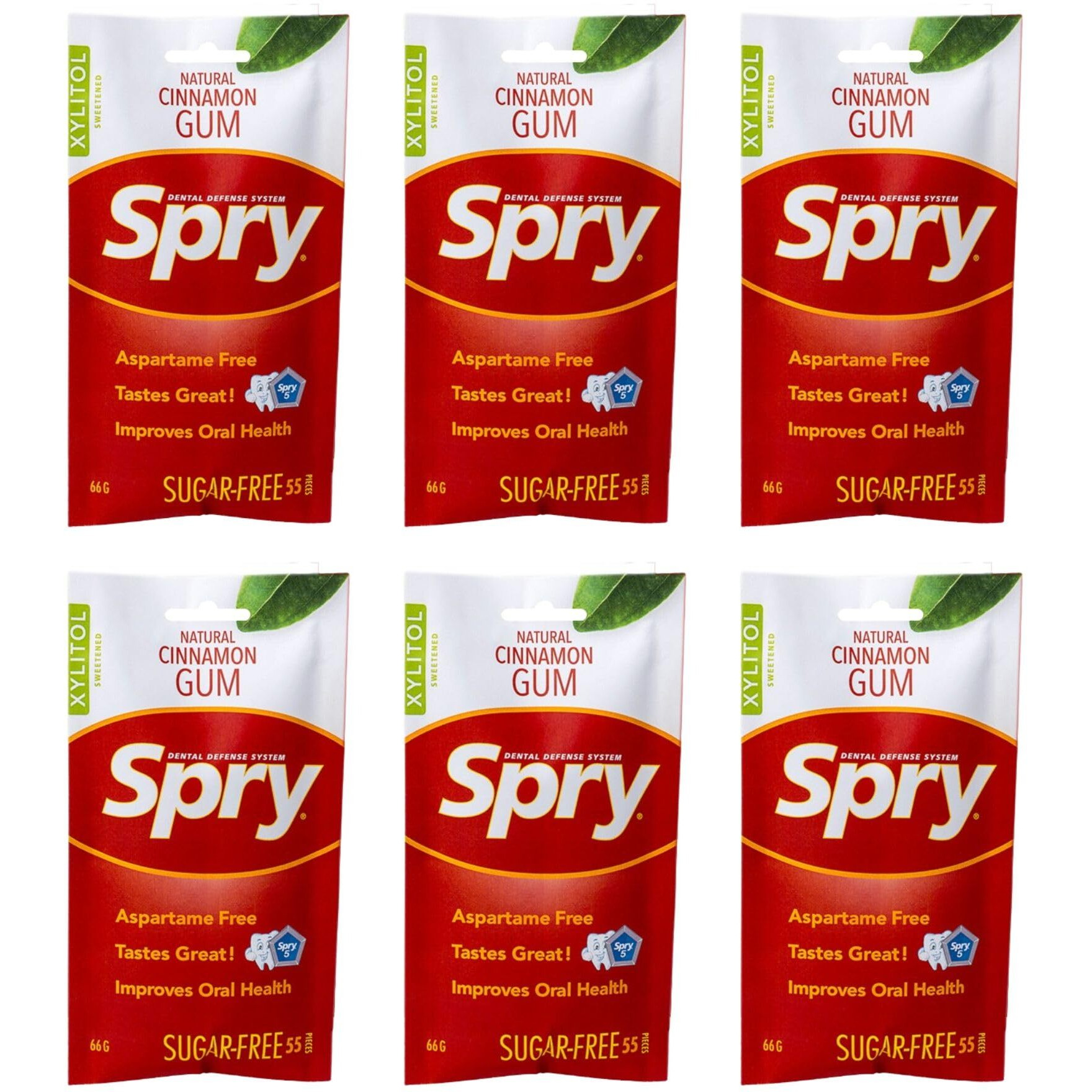 Spry On The Go Gum, Fresh Natural Xylitol Chewing Gum Dental Defense System Aspartame-Free Sugar Free Gum (Cinnamon, 55 Count - Pack Of 6)
