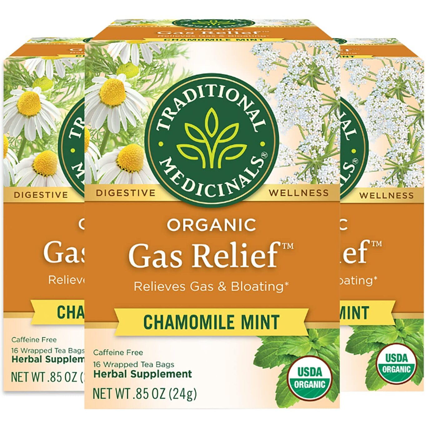 Traditional Medicinals Organic Gas Relief Chamomile Mint Herbal Tea, Relieves Gas & Bloating, (Pack Of 3) - 48 Tea Bags Total