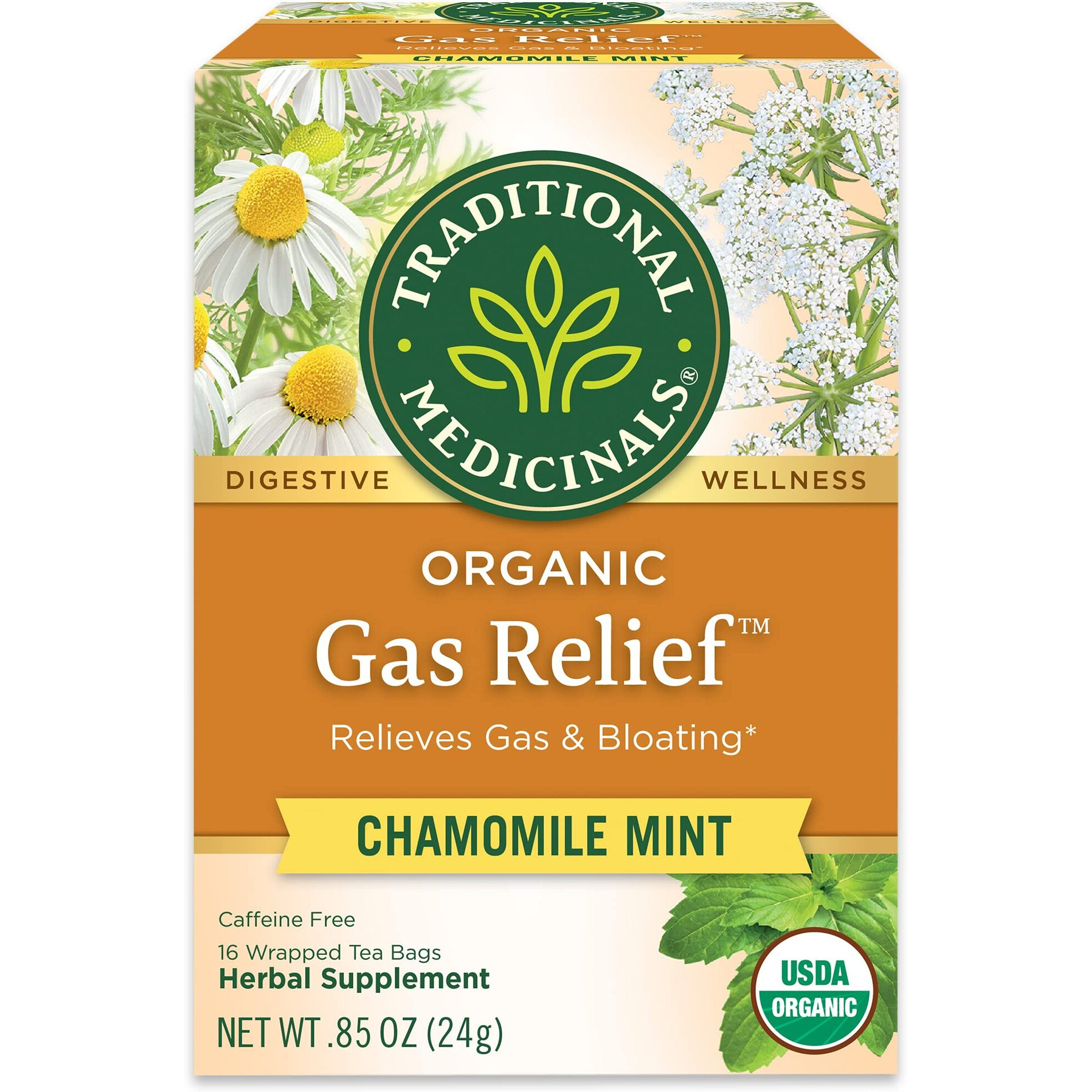Traditional Medicinals Organic Gas Relief Chamomile Mint Herbal Tea, Relieves Gas & Bloating, (Pack Of 3) - 48 Tea Bags Total