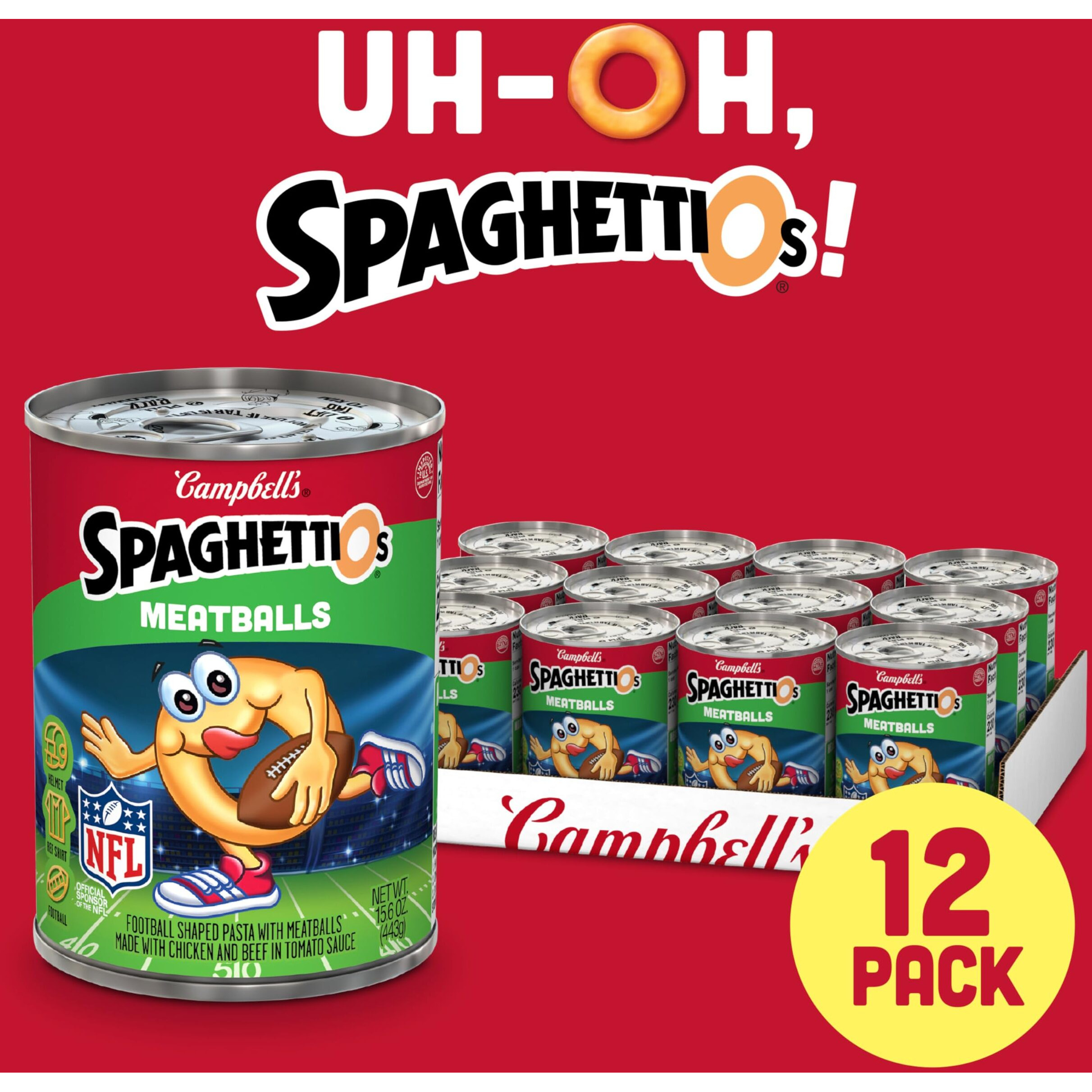 Spaghettios Football Shaped Canned Pasta With Meatballs, 15.6 Oz Can (Pack Of 12)