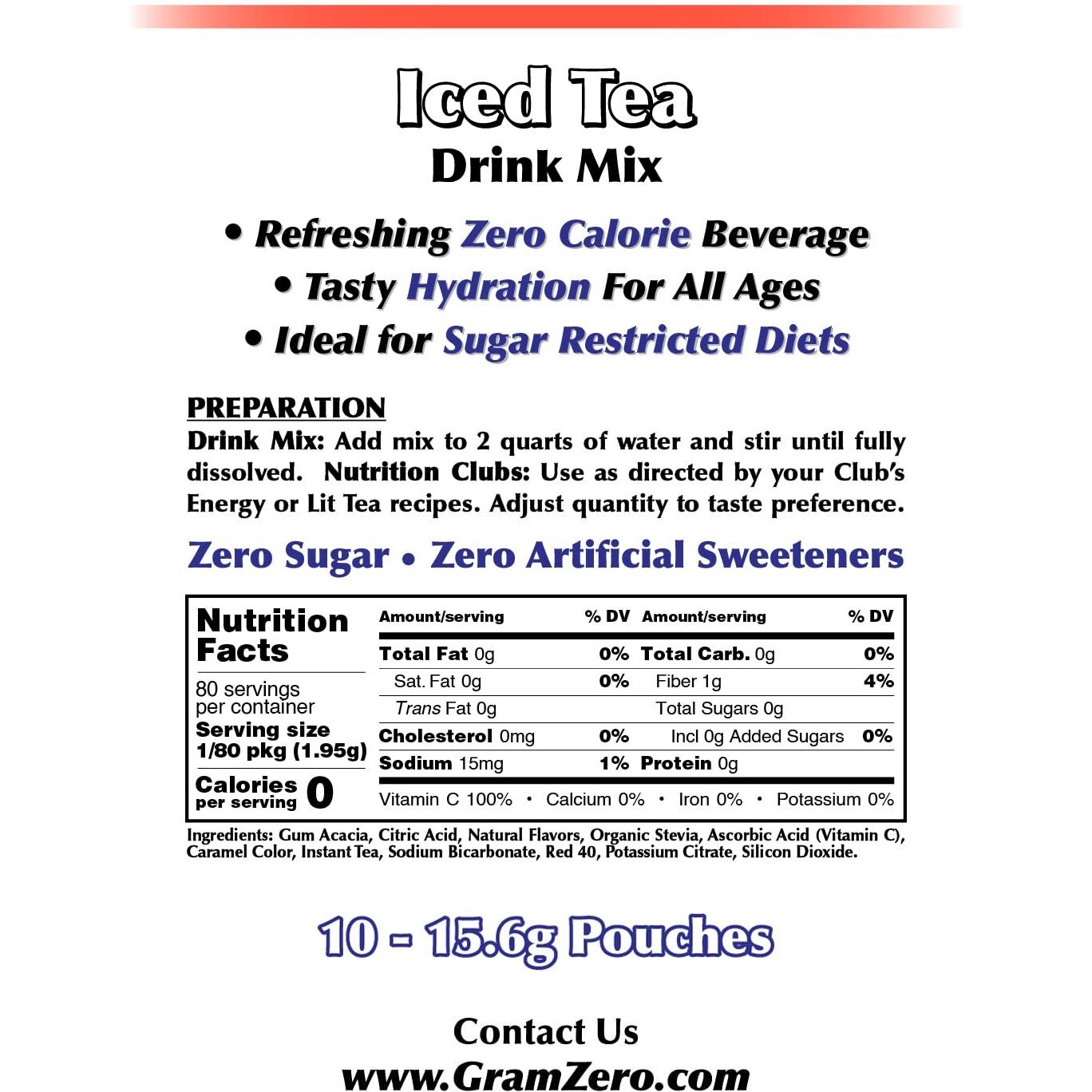 Gramzero Iced Tea, Sugar Free Drink Mix, Pitcher Pack, Great For Nutrition Club Loaded Tea, Zero Calorie, Stevia Sweetened
