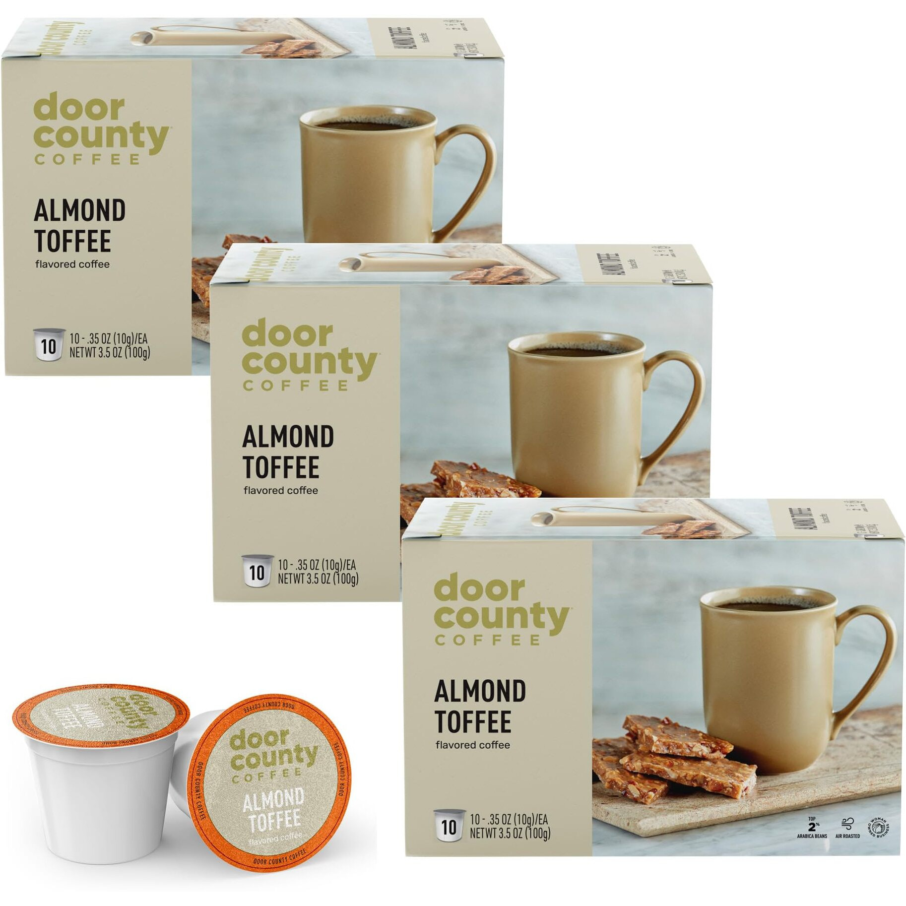 Door County Coffee Almond Toffee Flavored Coffee Ground | 30 Count Single Serve Cups | Medium Roast | 100% Specialty Arabica Coffee | Flavored Gourmet Coffee | Roasted Almonds &Toffee Flavored Coffee