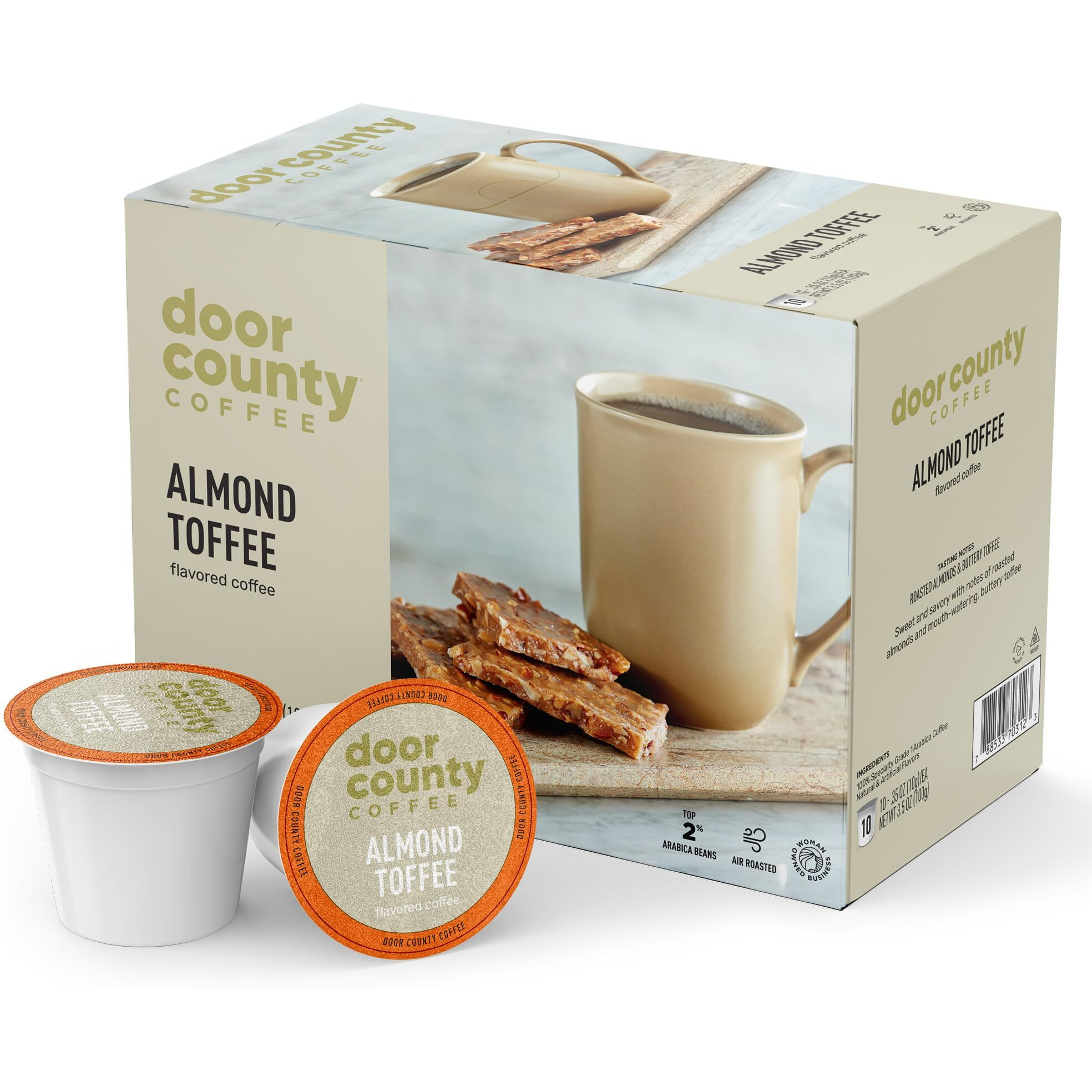 Door County Coffee Almond Toffee Flavored Coffee Ground | 30 Count Single Serve Cups | Medium Roast | 100% Specialty Arabica Coffee | Flavored Gourmet Coffee | Roasted Almonds &Toffee Flavored Coffee
