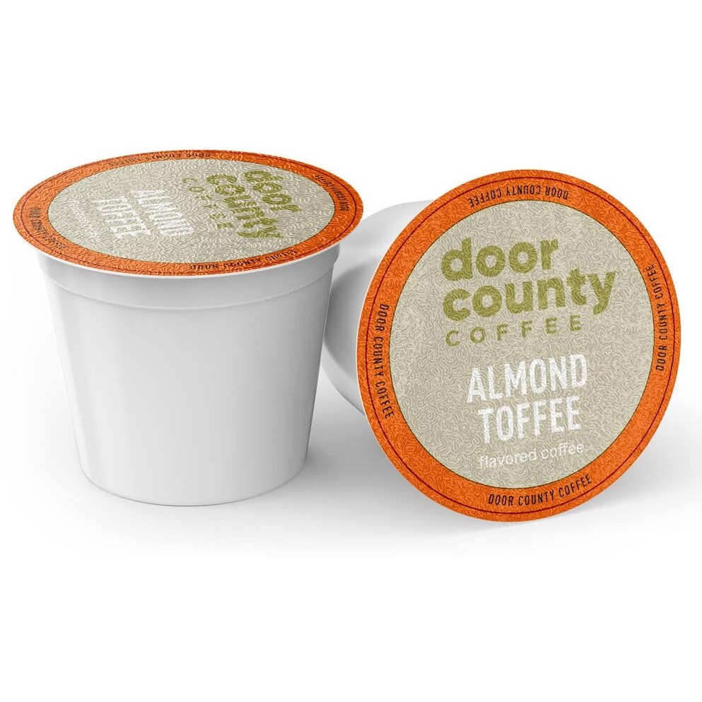 Door County Coffee Almond Toffee Flavored Coffee Ground | 30 Count Single Serve Cups | Medium Roast | 100% Specialty Arabica Coffee | Flavored Gourmet Coffee | Roasted Almonds &Toffee Flavored Coffee