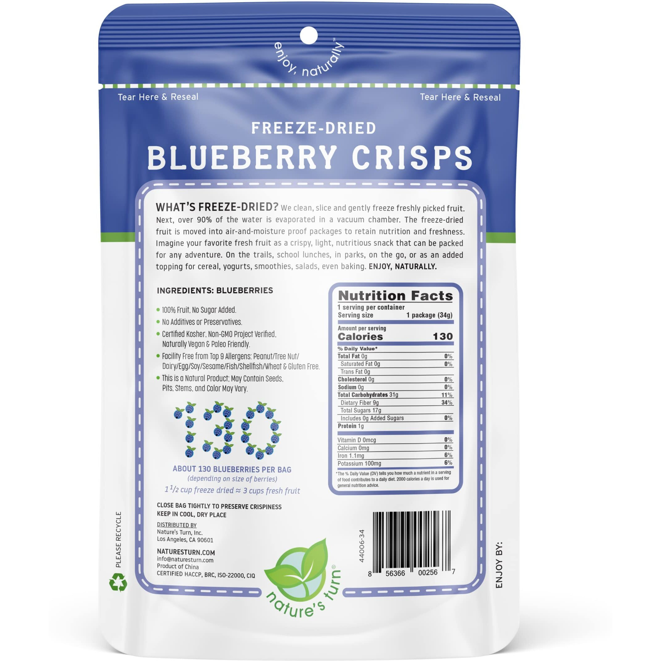 Nature's Turn Freeze-Dried Fruit Snacks, Blueberry Crisps, Pack Of 6 (1.2 Oz Each)