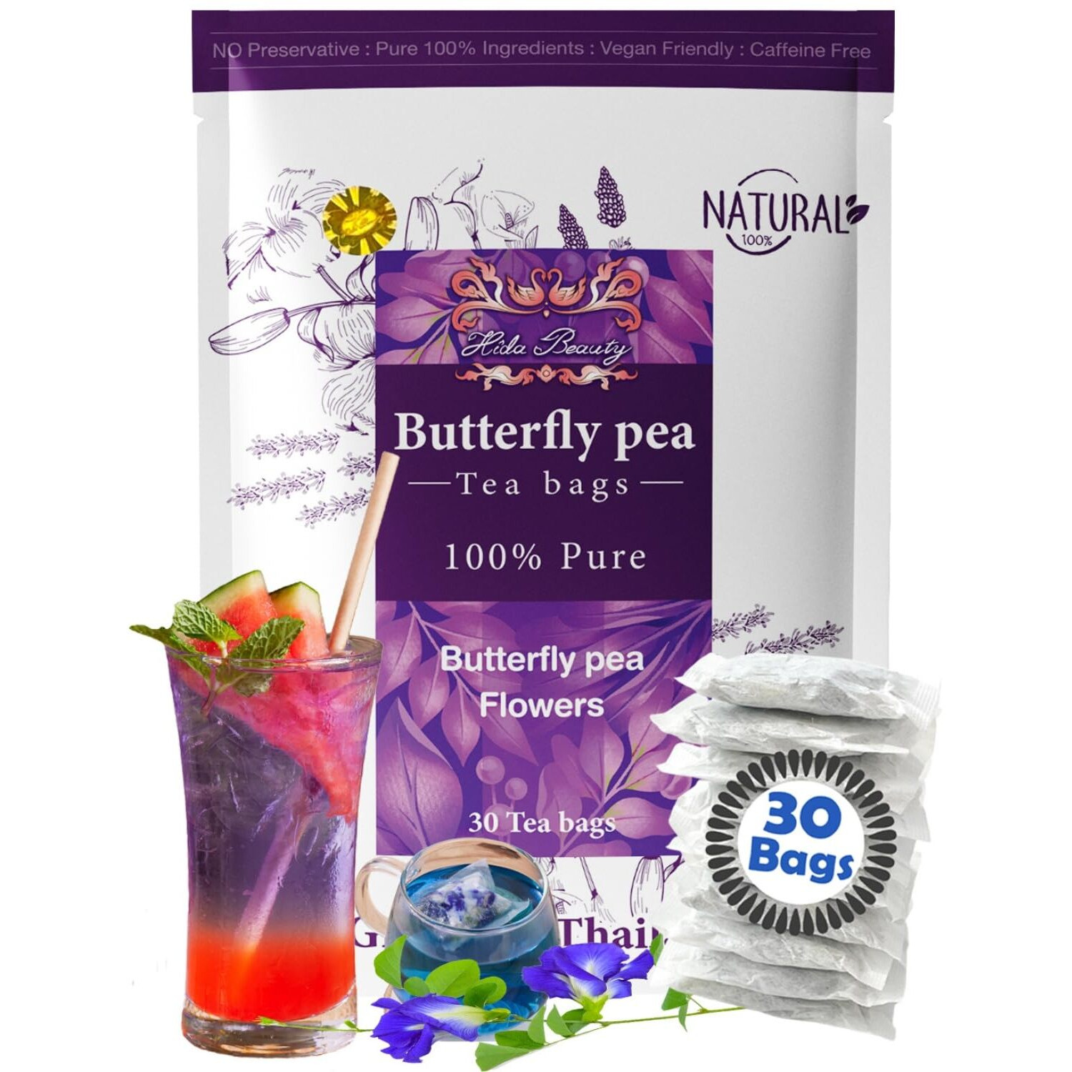 Hida Beauty Premium Butterfly Pea Flower Tea 30 Tea Bags Herbal Blue Natural Pure Colors For Drinks Hot Cool Purple Violet Funness Party Food Bakery Pasta Cocktail Rice