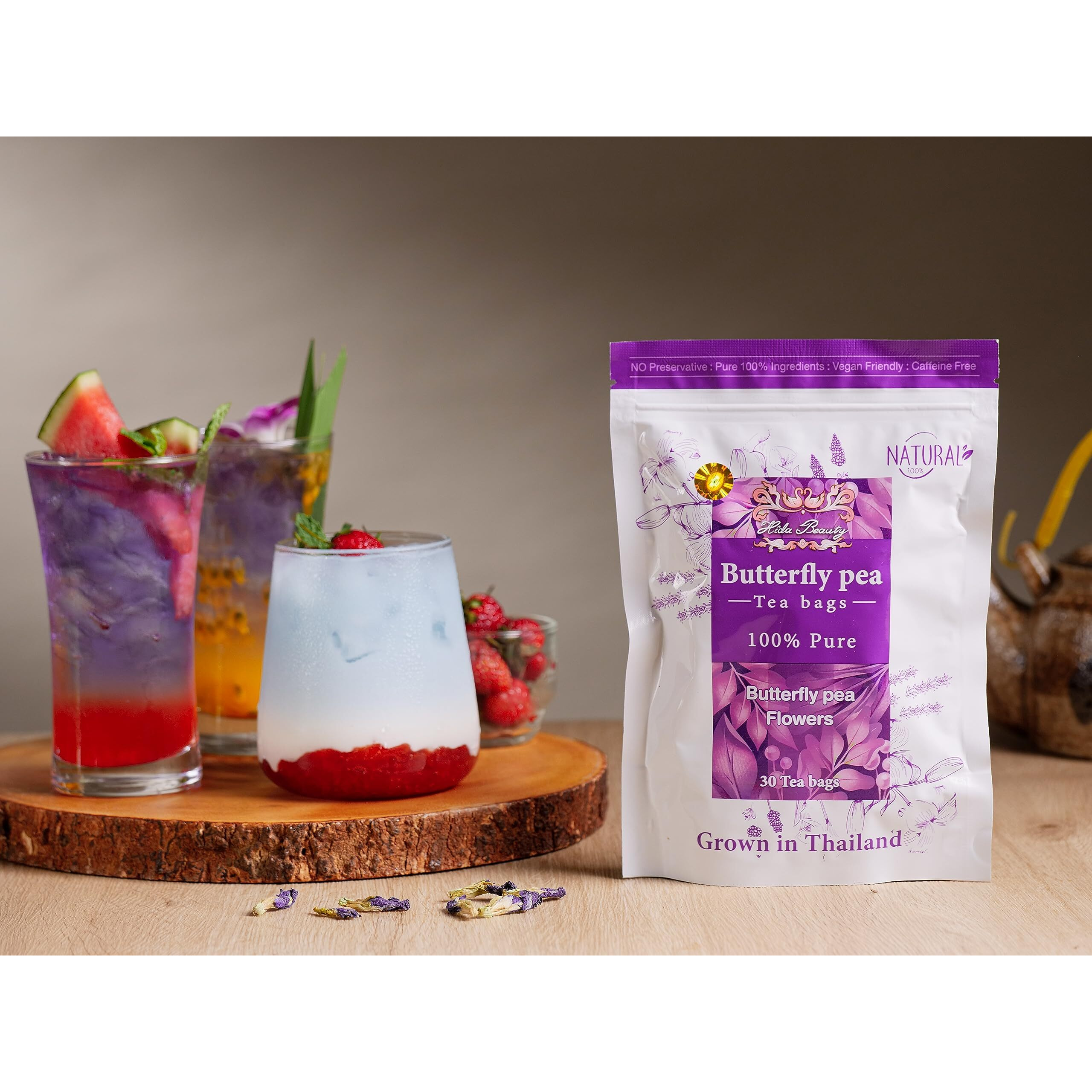 Hida Beauty Premium Butterfly Pea Flower Tea 30 Tea Bags Herbal Blue Natural Pure Colors For Drinks Hot Cool Purple Violet Funness Party Food Bakery Pasta Cocktail Rice