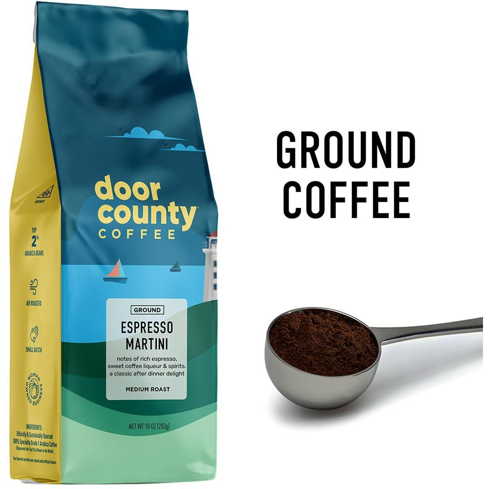 Door County Coffee Espresso Martini Flavored Coffee Ground | 10 Oz Bag | Flavored Ground Coffee Medium Roast | 100% Specialty Arabica Coffee Ground | Flavored Gourmet Coffee | Espresso Martini