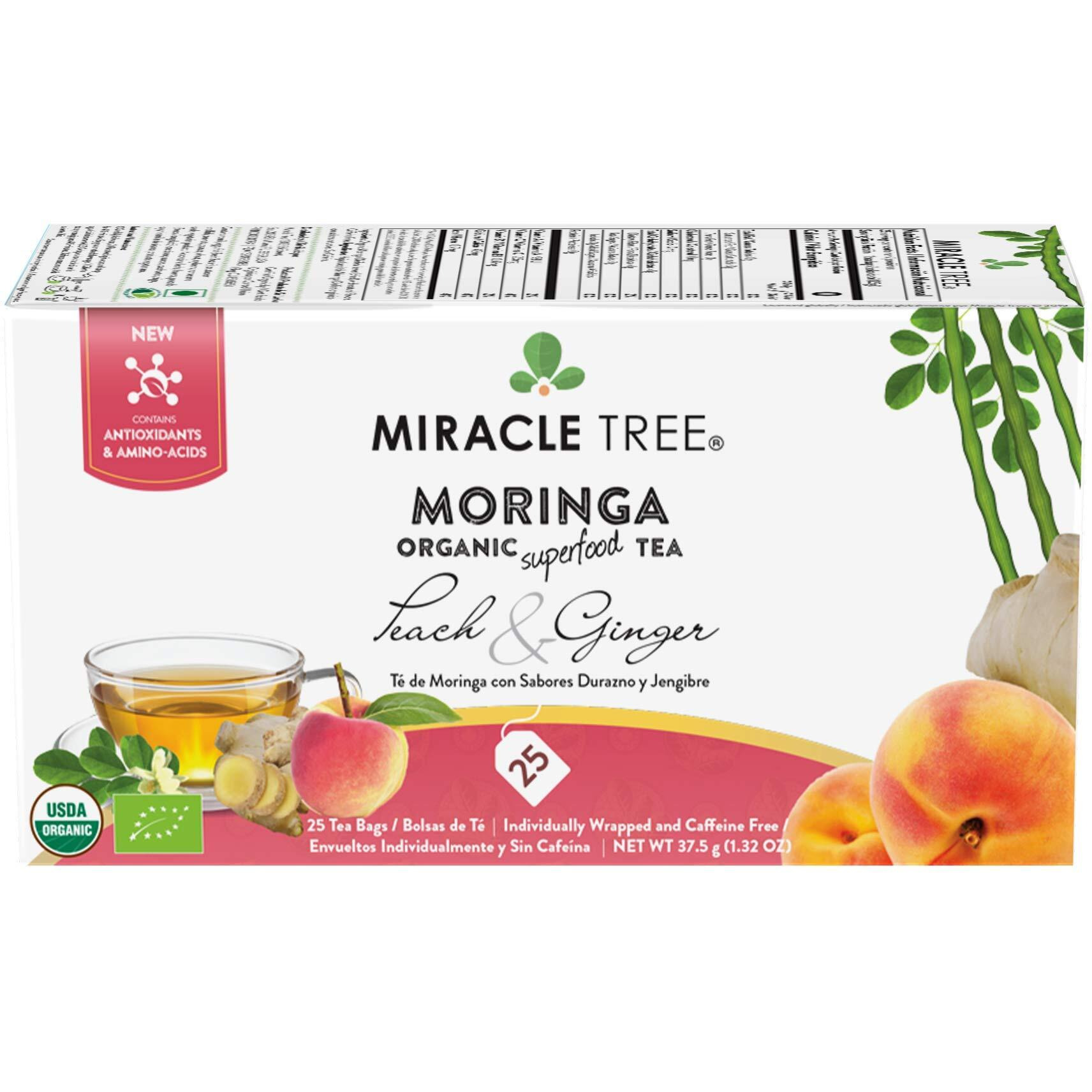 Miracle Tree - Organic Moringa Superfood Tea, 25 Individually Sealed Tea Bags, Peach & Ginger (Keto, Detox, Energy & Immunity Booster, Vegan, Gluten-Free, Organic, Non-Gmo, Caffeine-Free)