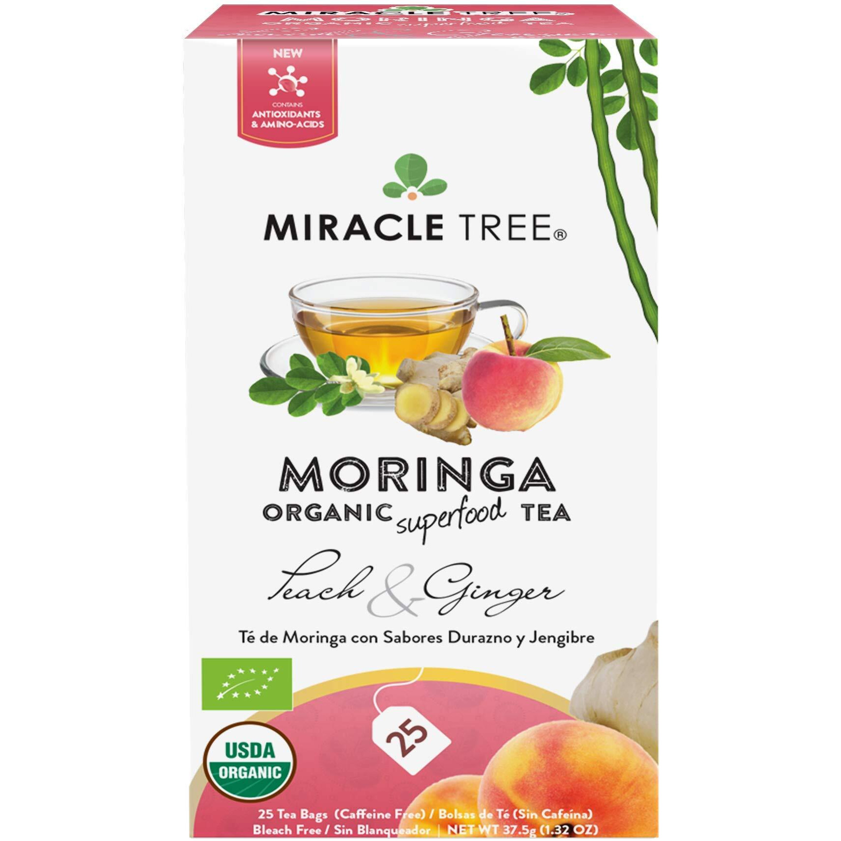Miracle Tree - Organic Moringa Superfood Tea, 25 Individually Sealed Tea Bags, Peach & Ginger (Keto, Detox, Energy & Immunity Booster, Vegan, Gluten-Free, Organic, Non-Gmo, Caffeine-Free)