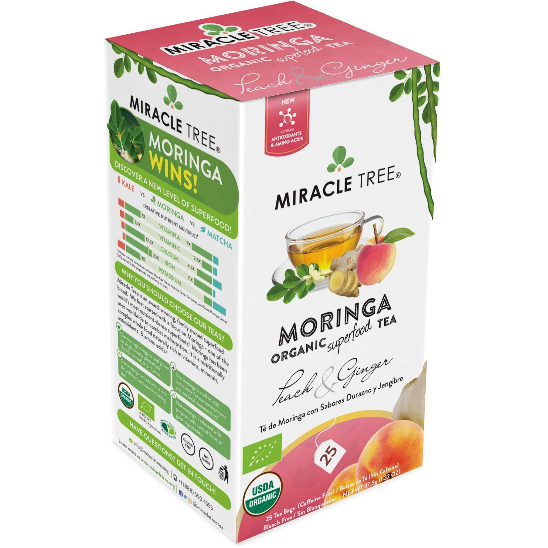 Miracle Tree - Organic Moringa Superfood Tea, 25 Individually Sealed Tea Bags, Peach & Ginger (Keto, Detox, Energy & Immunity Booster, Vegan, Gluten-Free, Organic, Non-Gmo, Caffeine-Free)