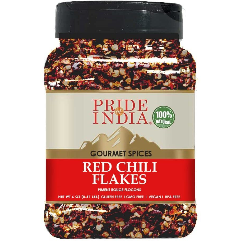 Pride Of India - Red Chili Flakes - Gourmet Spice/Culinary Must Have - Pleasant Heat/Distinct Flavor & Aroma - Sprinkle Onto Pizza/Pasta/Flatbread - Easy To Store - 6 Oz. Medium Dual Sifter Jar