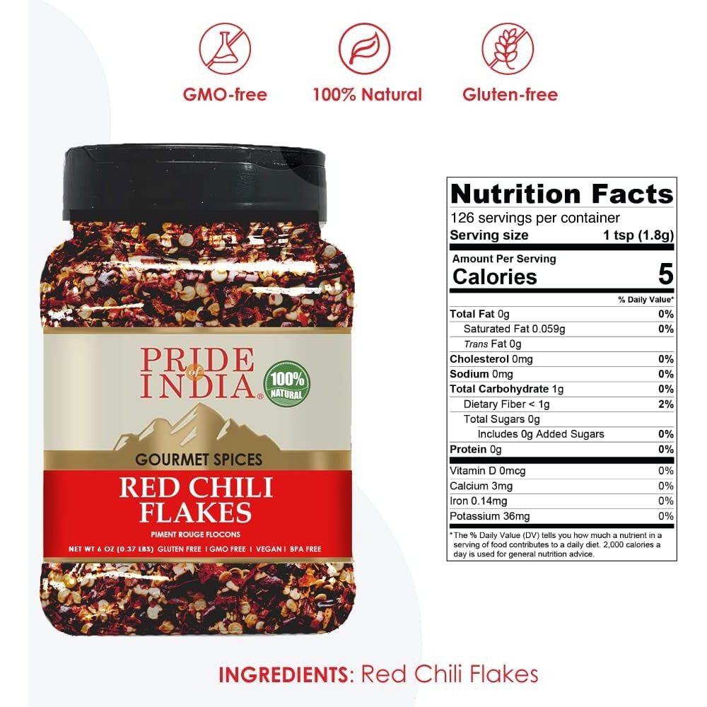 Pride Of India - Red Chili Flakes - Gourmet Spice/Culinary Must Have - Pleasant Heat/Distinct Flavor & Aroma - Sprinkle Onto Pizza/Pasta/Flatbread - Easy To Store - 6 Oz. Medium Dual Sifter Jar