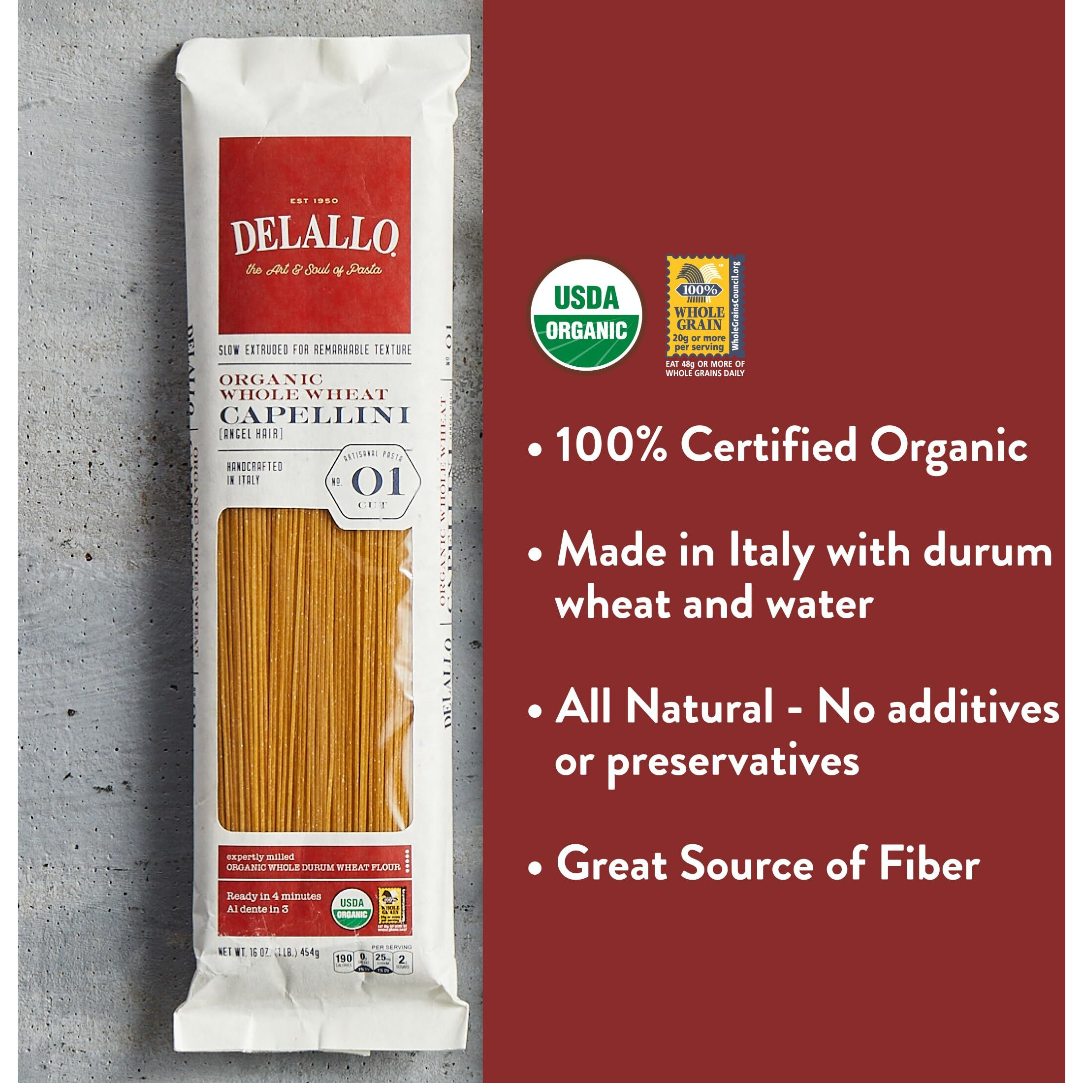 Delallo Whole Wheat Capeillini Pasta, 1 Pound Bag, 8 Pack, Authentic Angel Hair Noodles, 100% Durum Wheat, Made In Italy