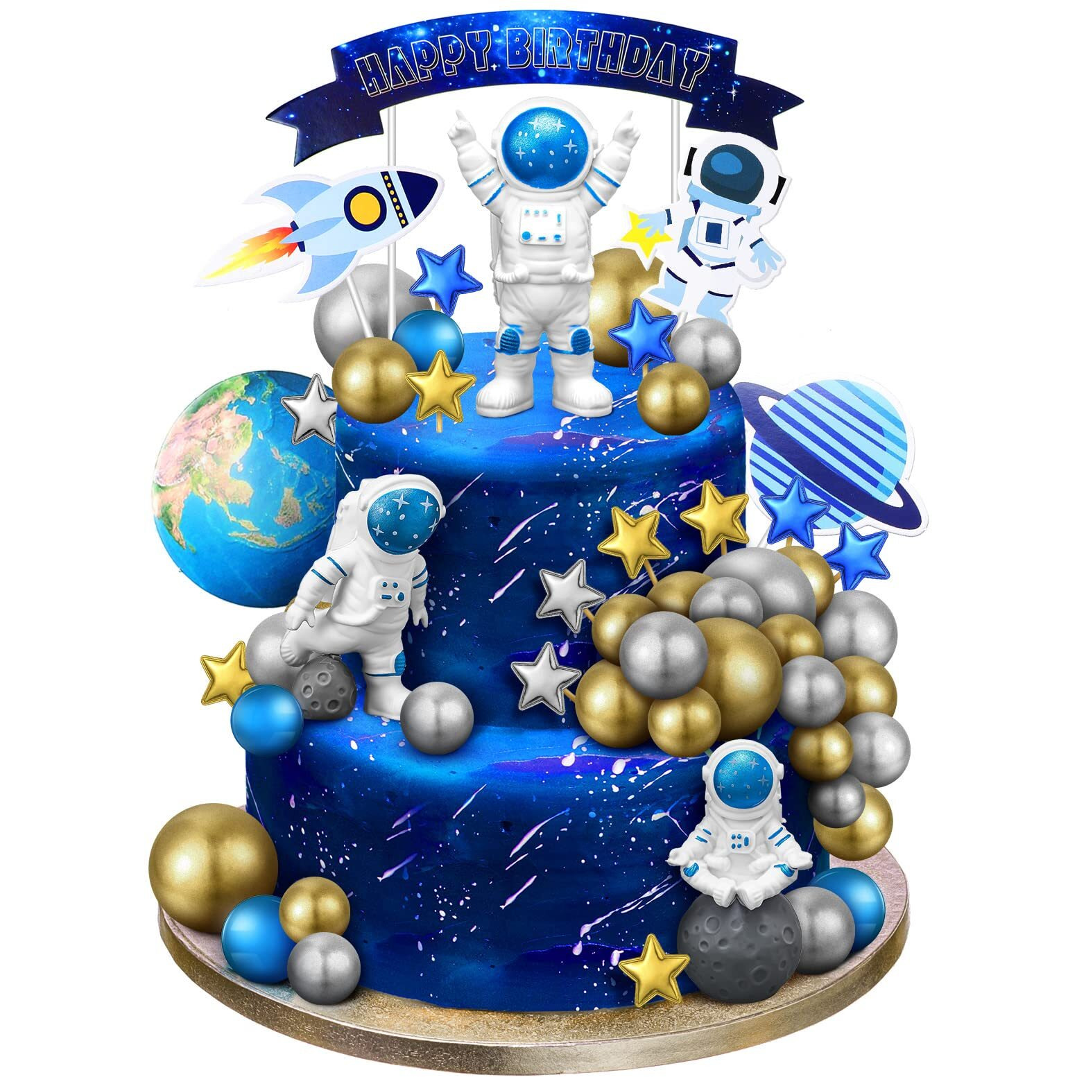 24 Pcs Astronaut Space Cake Toppers Outer Space Cake Toppers Decoration Astronaut Figurines Planet Rocket Satellite Pearl Balls And Stars Space Theme Decoration For Birthday Party Baby Shower (Blue)