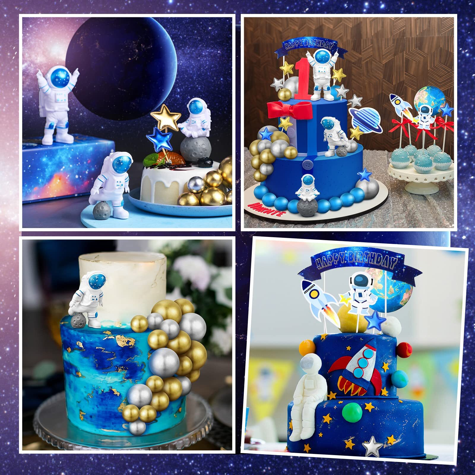 24 Pcs Astronaut Space Cake Toppers Outer Space Cake Toppers Decoration Astronaut Figurines Planet Rocket Satellite Pearl Balls And Stars Space Theme Decoration For Birthday Party Baby Shower (Blue)