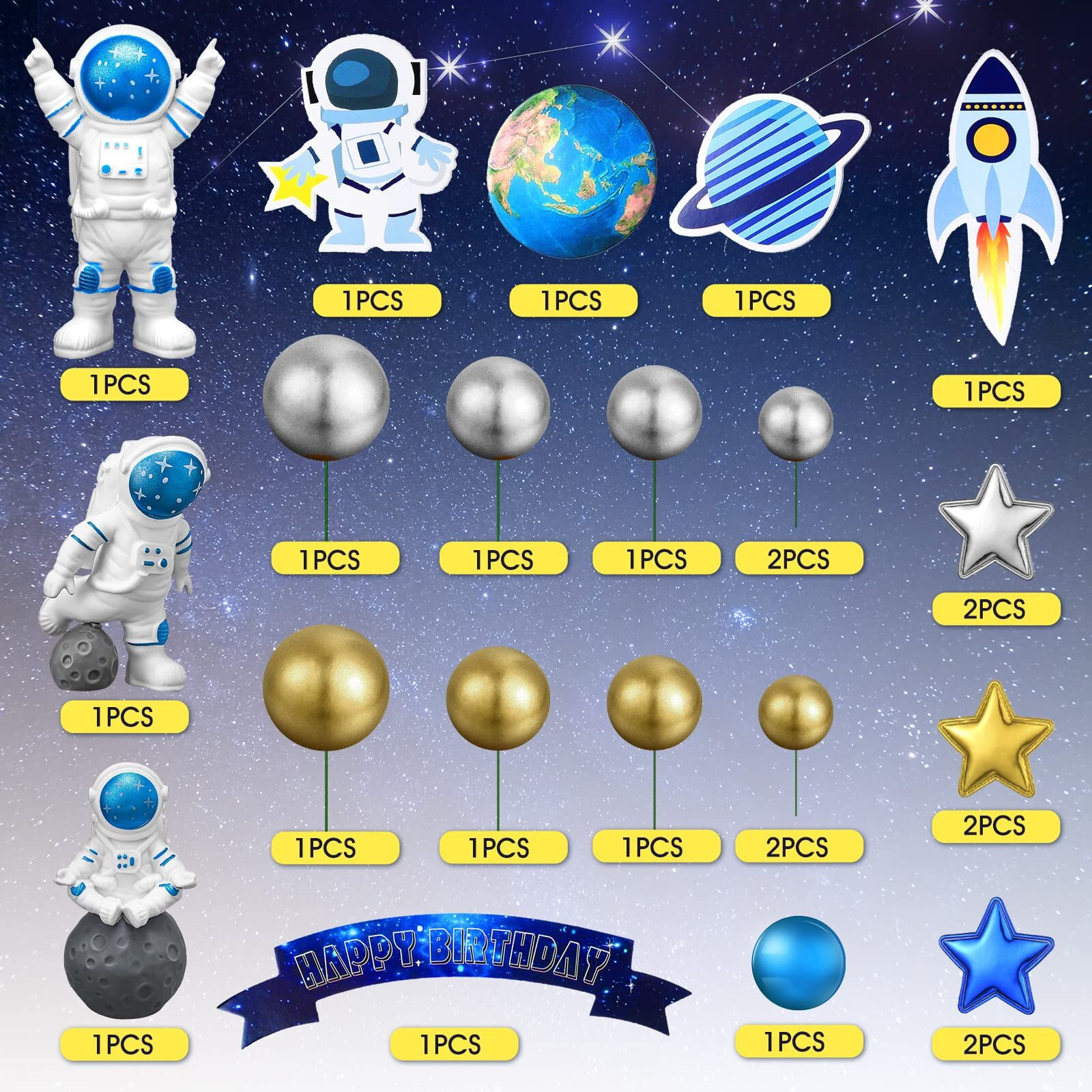 24 Pcs Astronaut Space Cake Toppers Outer Space Cake Toppers Decoration Astronaut Figurines Planet Rocket Satellite Pearl Balls And Stars Space Theme Decoration For Birthday Party Baby Shower (Blue)