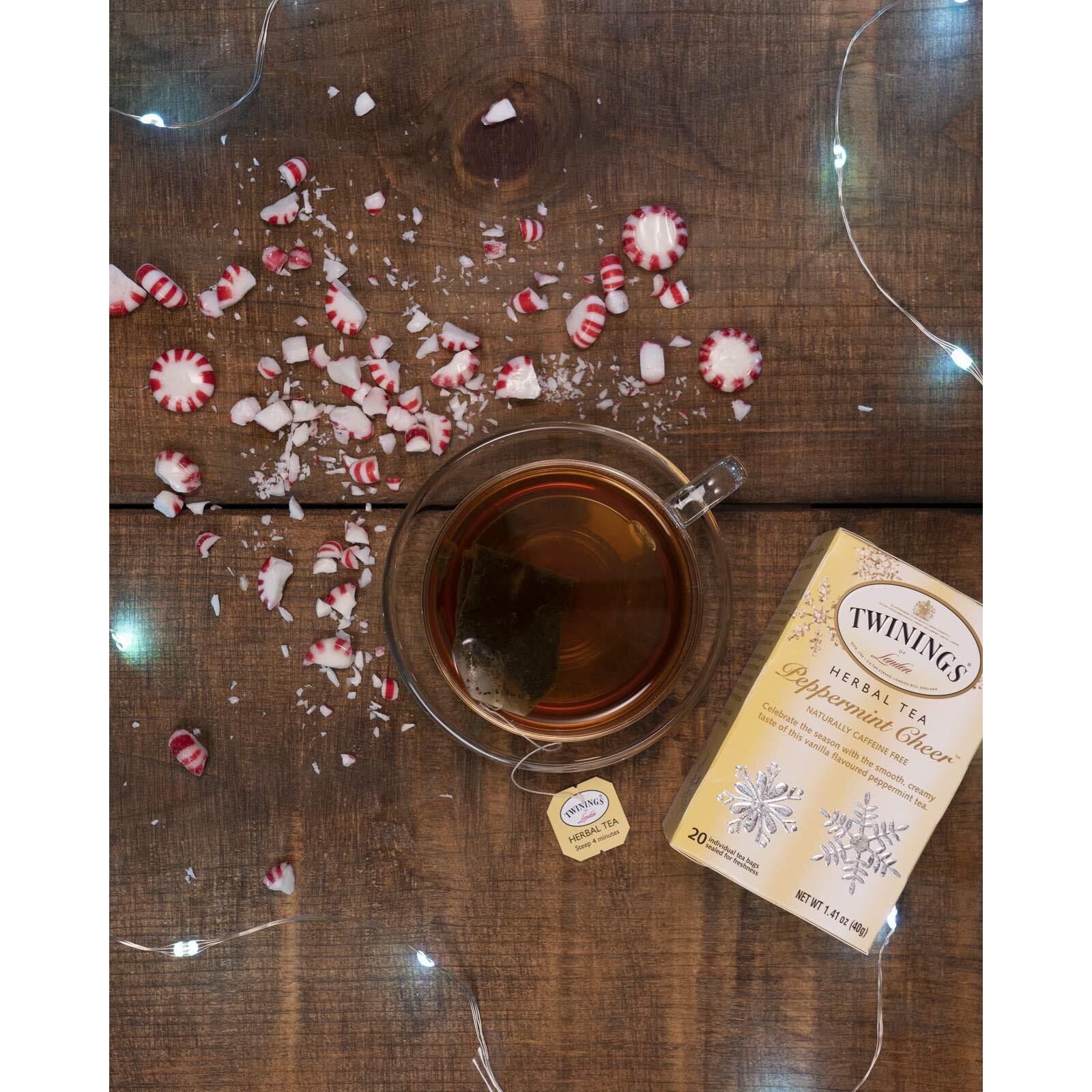 Twinings Peppermint Cheer Herbal Tea, 20 Count (Pack Of 6), Individually Wrapped Bags, Caffeine Free, Peppermint & Vanilla, Enjoy Hot Or Iced