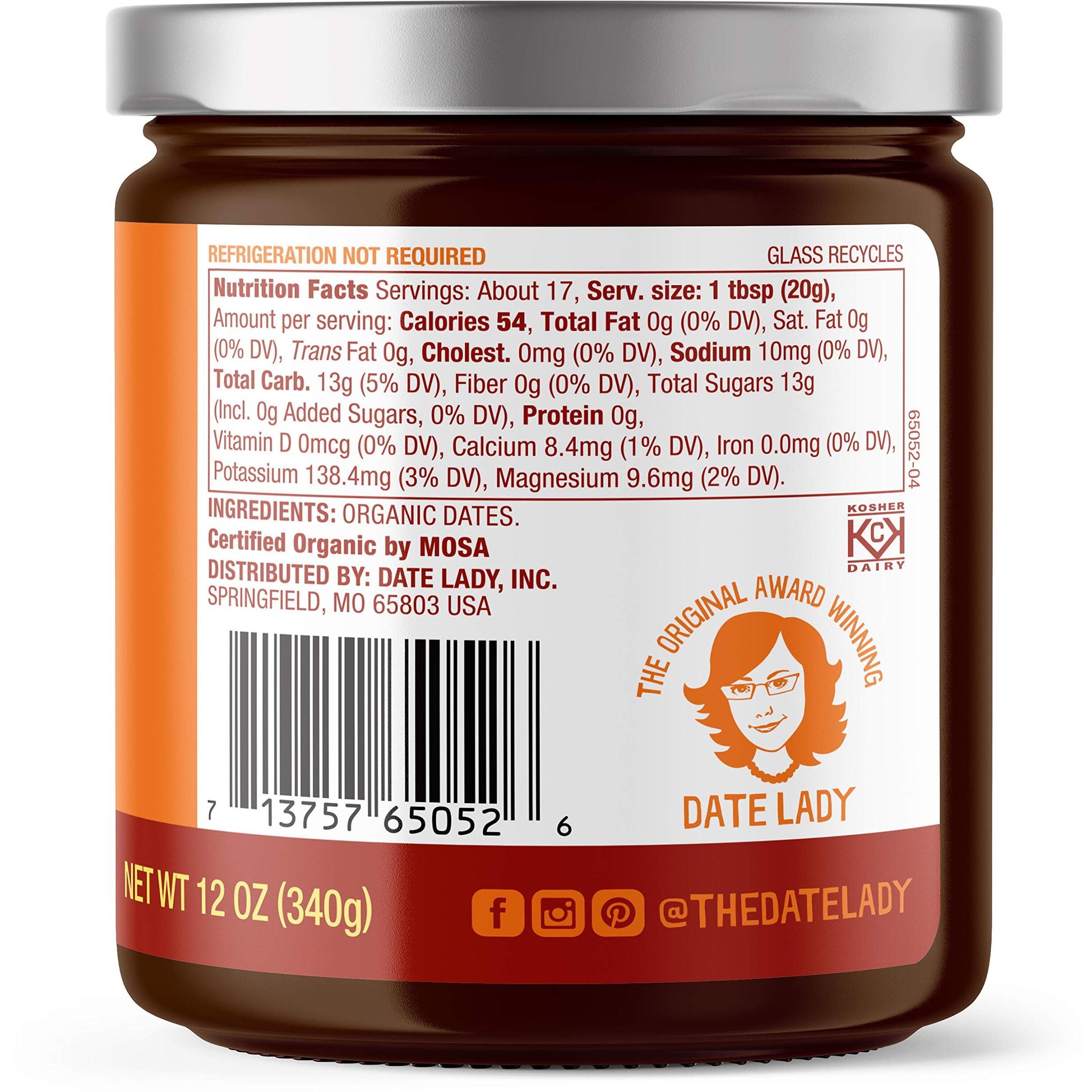 Award Winning Date Lady Organic Date Syrup 12 Oz Glass Jar | Vegan, Paleo, Gluten-Free & Kosher (2-Pack) Sugar Substitute | More Nutrition Than Maple Syrup Or Honey
