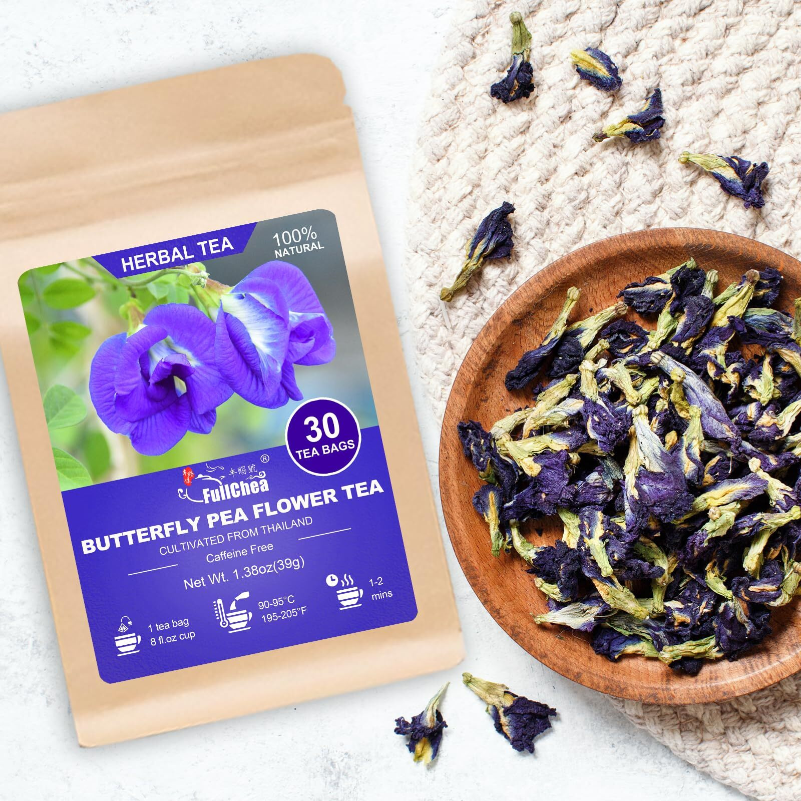 Fullchea - Butterfly Pea Flower Tea Bags, 30 Teabags, 1.3G/Bag - Premium Dried Butterfly Pea, Cultivated From Thailand - Non-Gmo - Caffeine-Free - Rich In Antioxidants & Support Eye Health