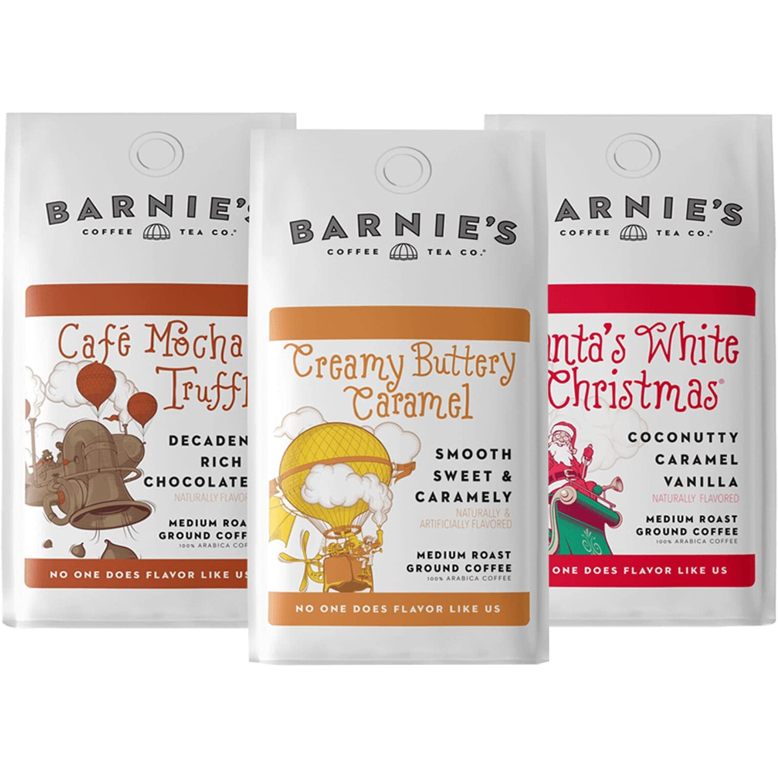 Barnie's Premium Flavor Coffee Trio With Santa's White Christmas, Creamy Buttery Caramel And Caf   Mocha Truffle, Medium Roasted Arabica Beans, 12 Oz Bag (Pack Of 3)