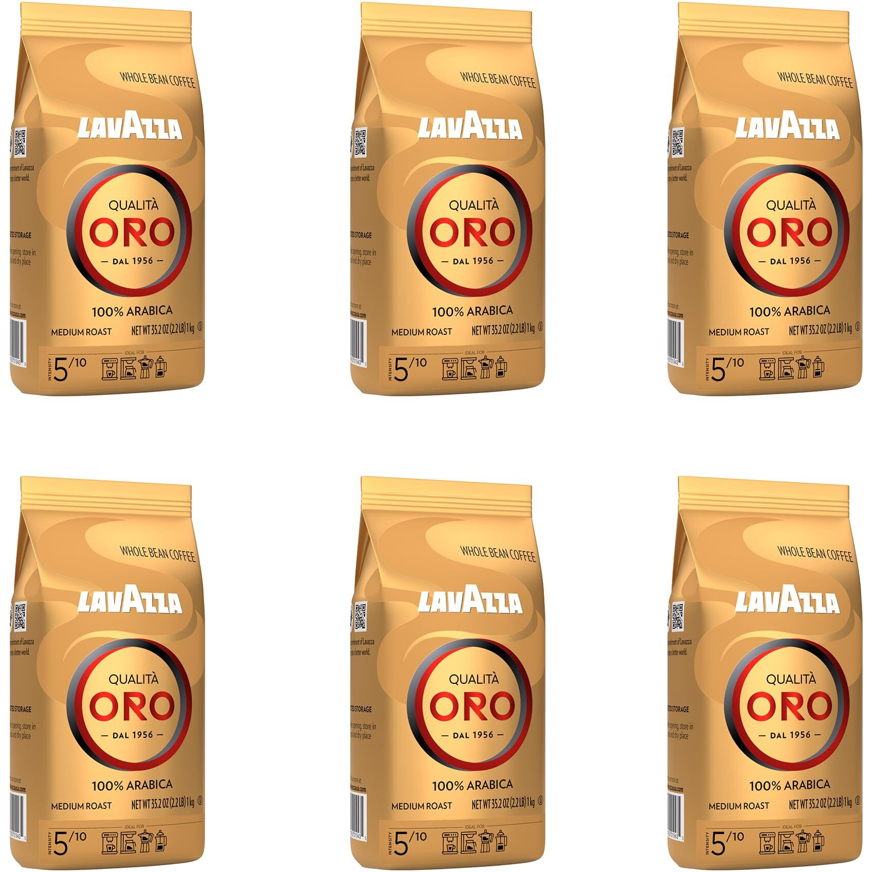 Lavazza Qualit Oro Whole Bean Coffee Blend, Medium Roast, 2.2-Pound Bag (Pack Of 6) ,Full-Bodied Medium Roast With Sweet, Aromatic Flavor, Non-Gmo, Value Pack