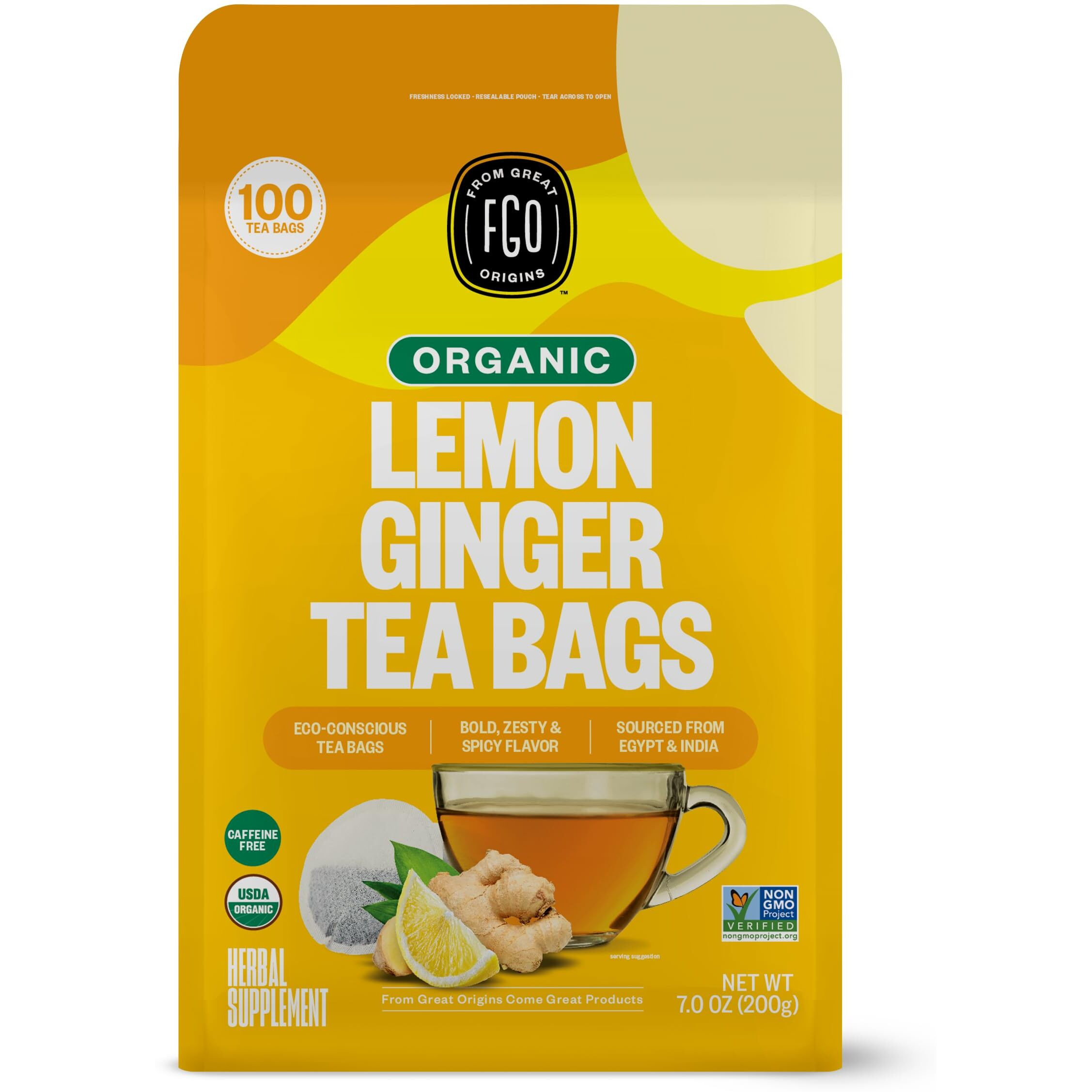 Fgo Organic Lemon Ginger Tea, Eco-Conscious Tea Bags, 100 Count, Packaging May Vary (Pack Of 1)
