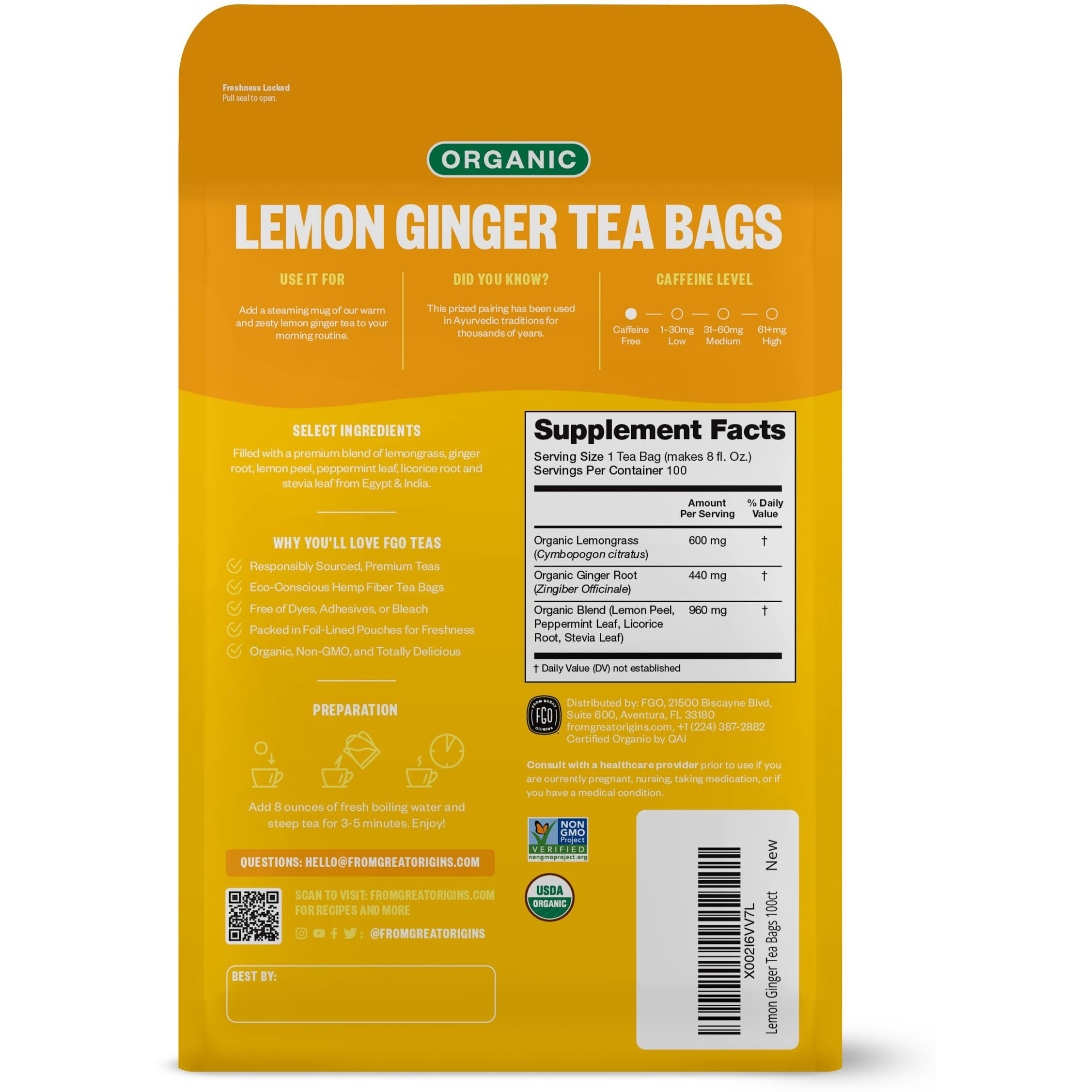 Fgo Organic Lemon Ginger Tea, Eco-Conscious Tea Bags, 100 Count, Packaging May Vary (Pack Of 1)