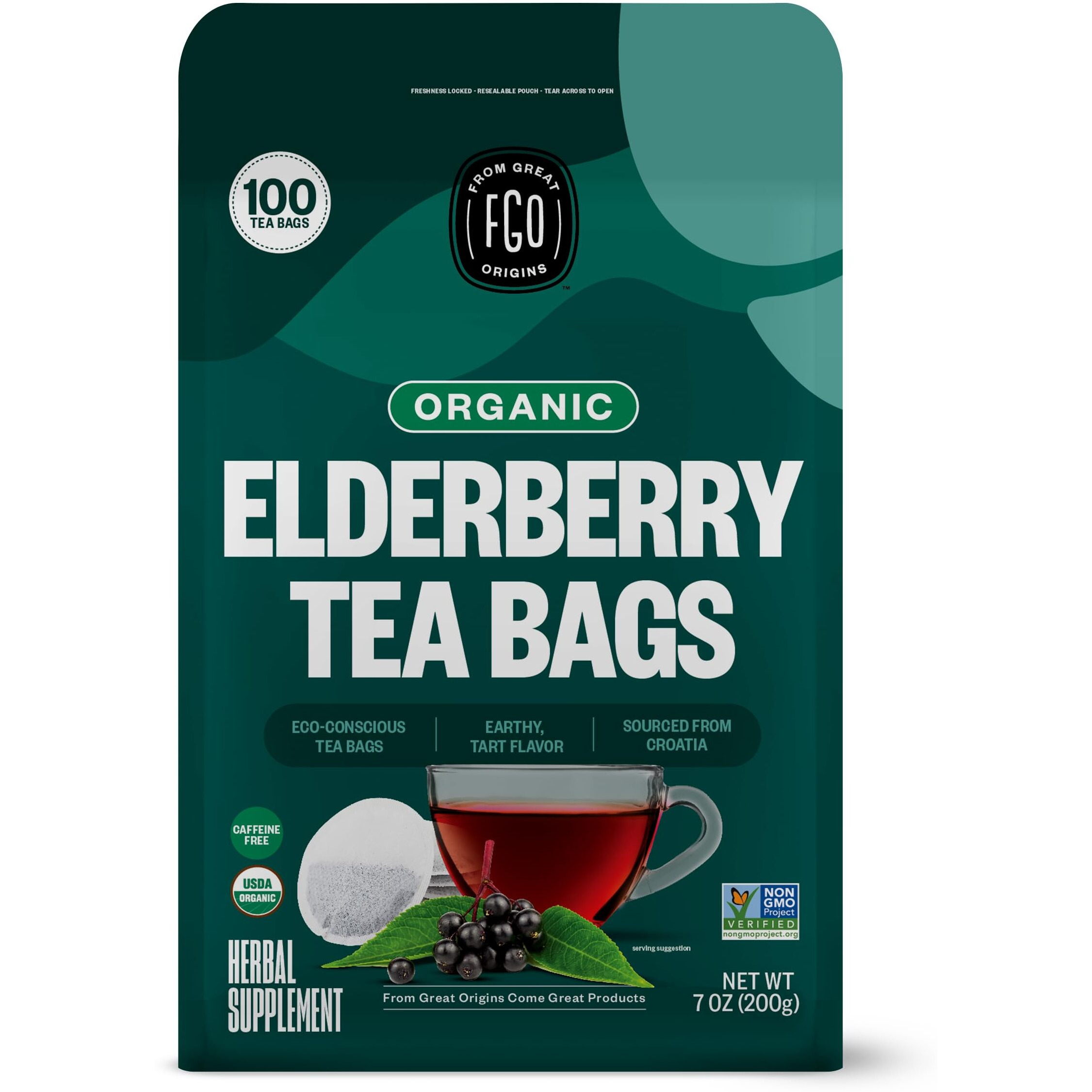 Fgo Organic Elderberry Tea, Eco-Conscious Tea Bags, 100 Count, Packaging May Vary (Pack Of 1)