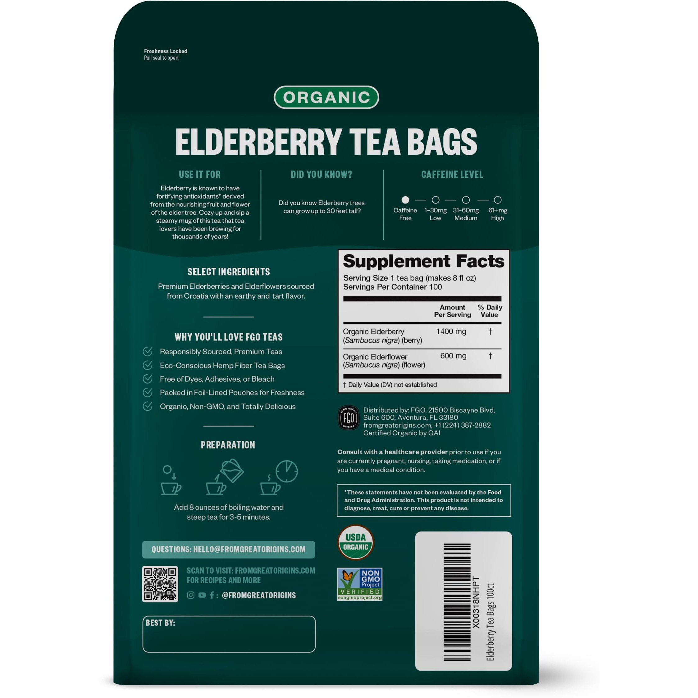 Fgo Organic Elderberry Tea, Eco-Conscious Tea Bags, 100 Count, Packaging May Vary (Pack Of 1)