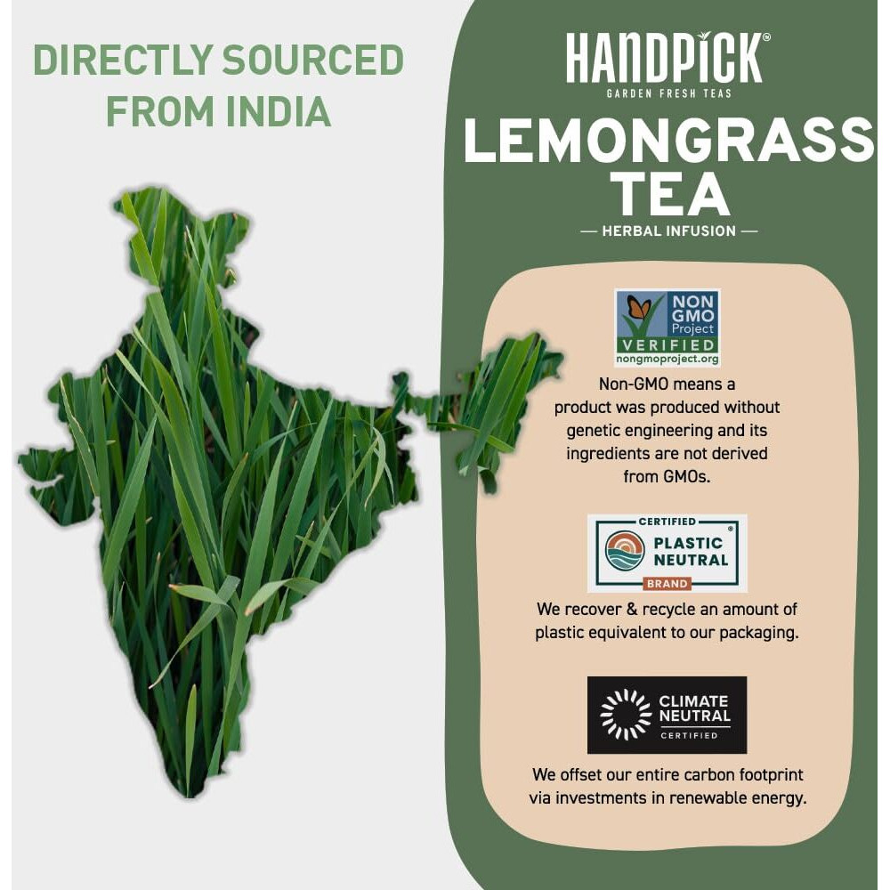 Handpick, Lemongrass Tea Bags (100 Count) Non-Gmo, Caffeine Free - Quality Lemongrass Herbal Tea- Eco-Conscious Round Tea Bags | Brew Hot Or Iced Tea