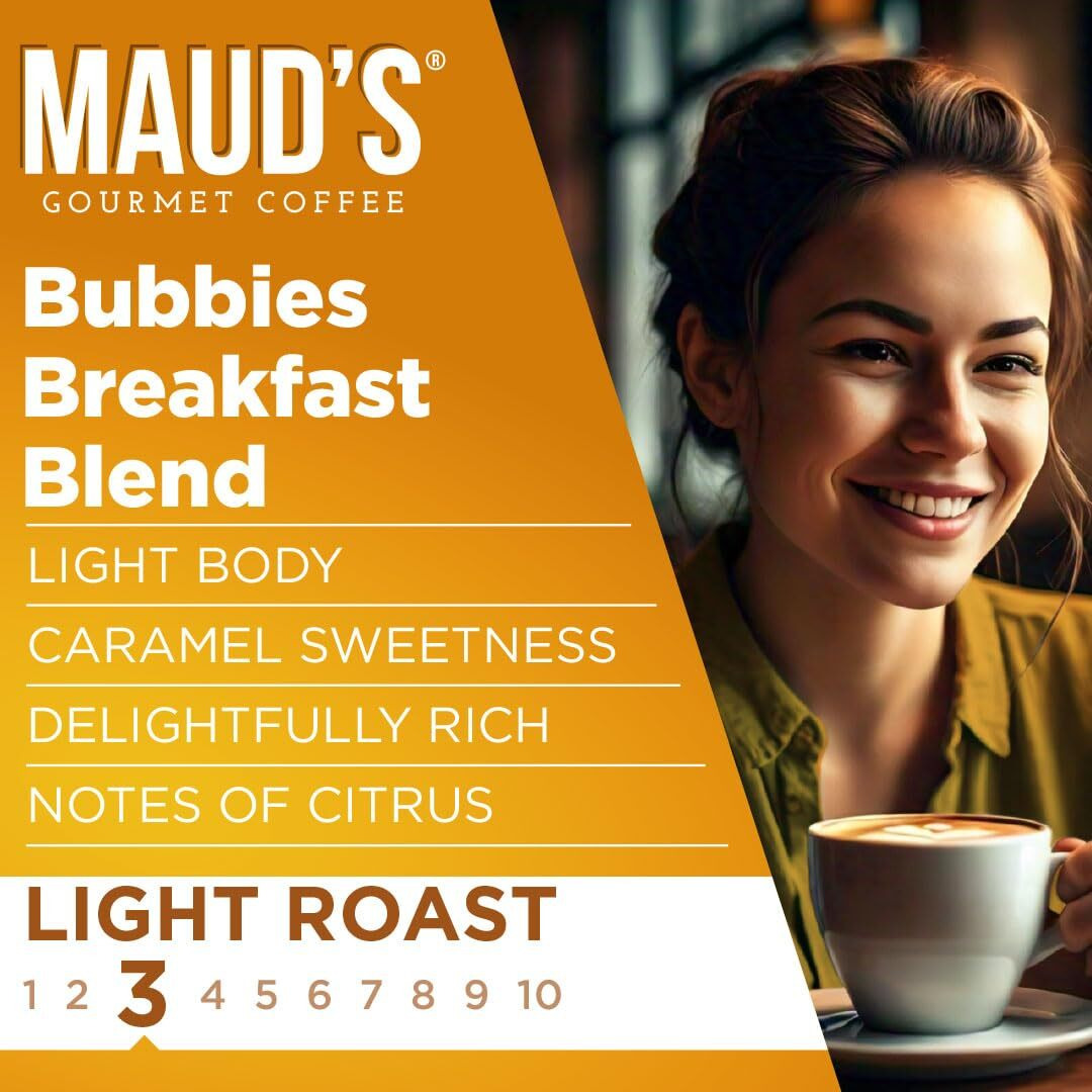 Maud's Breakfast Blend Flavored Coffee Pods, 100 Ct | Bubbies Breakfast Blend Flavor | 100% Arabica Light Roast Coffee | Solar Energy Produced Recyclable Pods Compatible With Keurig K Cups Maker