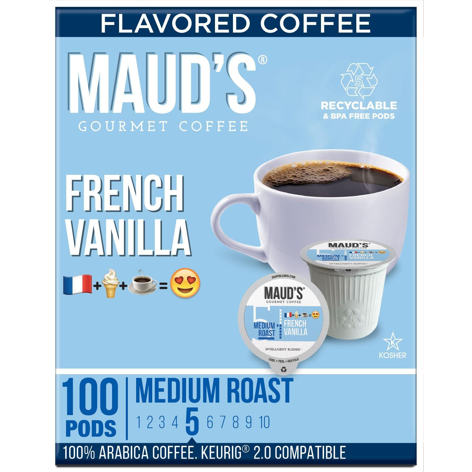 Maud's French Vanilla Flavored Coffee Pods, 100 Ct | French Vanilla Flavor | 100% Arabica Medium Roast Coffee | Solar Energy Produced Recyclable Pods Compatible With Keurig K Cups Maker