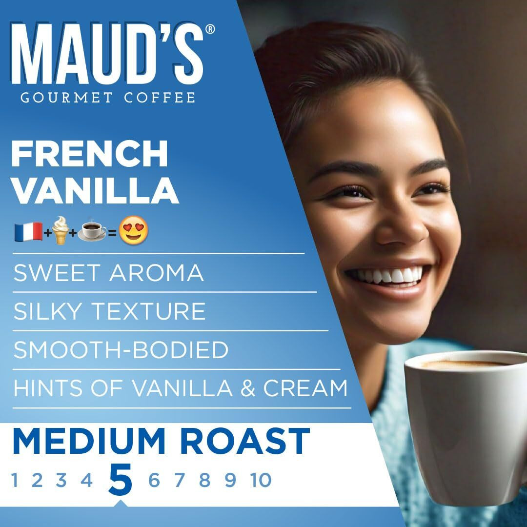 Maud's French Vanilla Flavored Coffee Pods, 100 Ct | French Vanilla Flavor | 100% Arabica Medium Roast Coffee | Solar Energy Produced Recyclable Pods Compatible With Keurig K Cups Maker