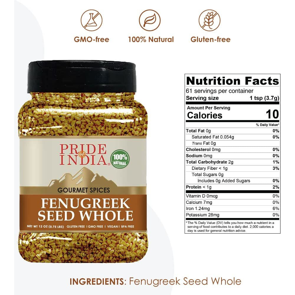 Pride Of India - Fenugreek Seed Whole - Whole & Gourmet Indian Spice - Ideal Seasoning For Cooking - Free Of Preservatives - Easy To Use - 12 Oz. Medium Dual Sifter Jar