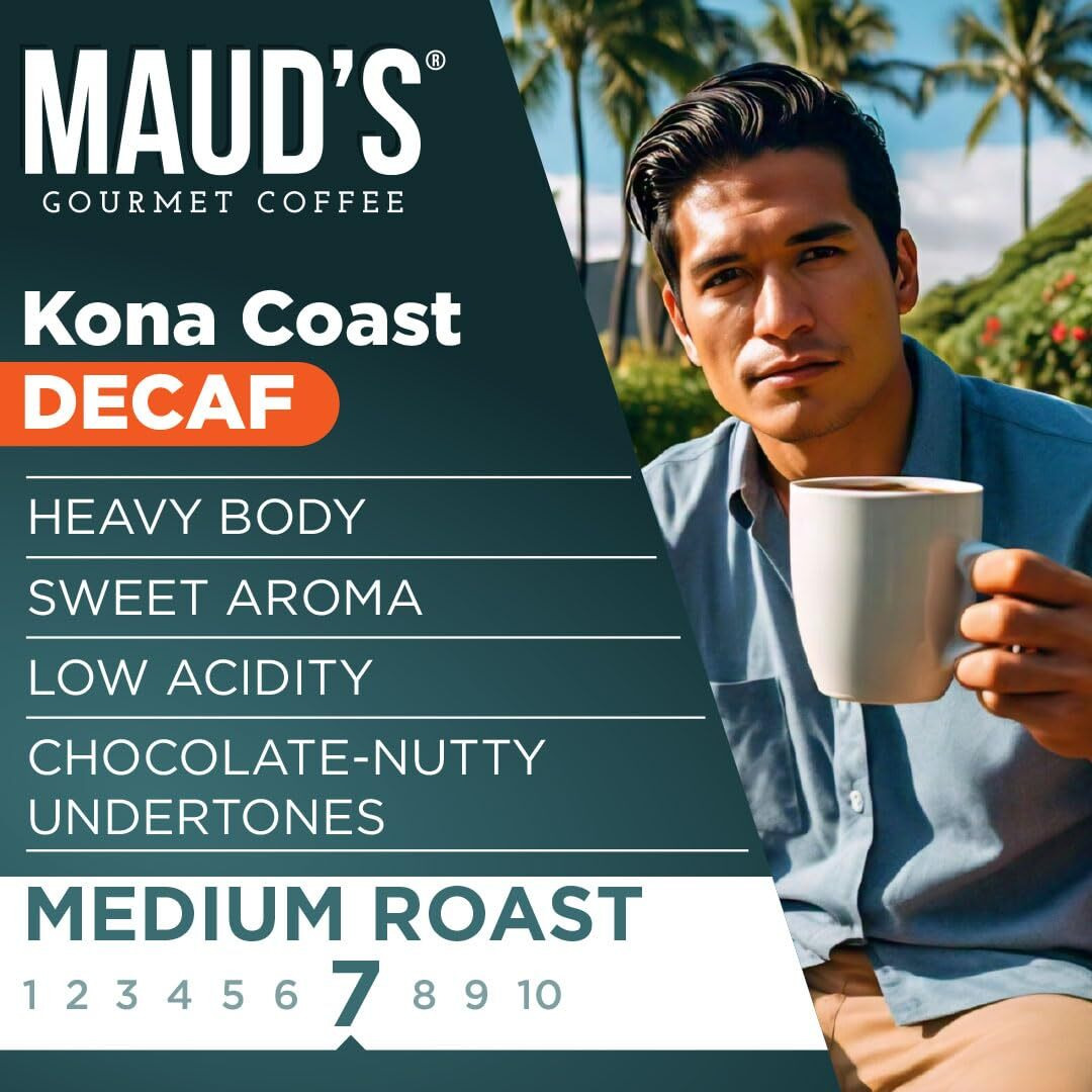 Maud's Decaf Kona Coffee Pods, 18 Ct | Decaffeinated Kona Coast Blend | 100% Arabica Medium Roast Coffee | Solar Energy Produced Recyclable Pods Compatible With Keurig K Cups Maker