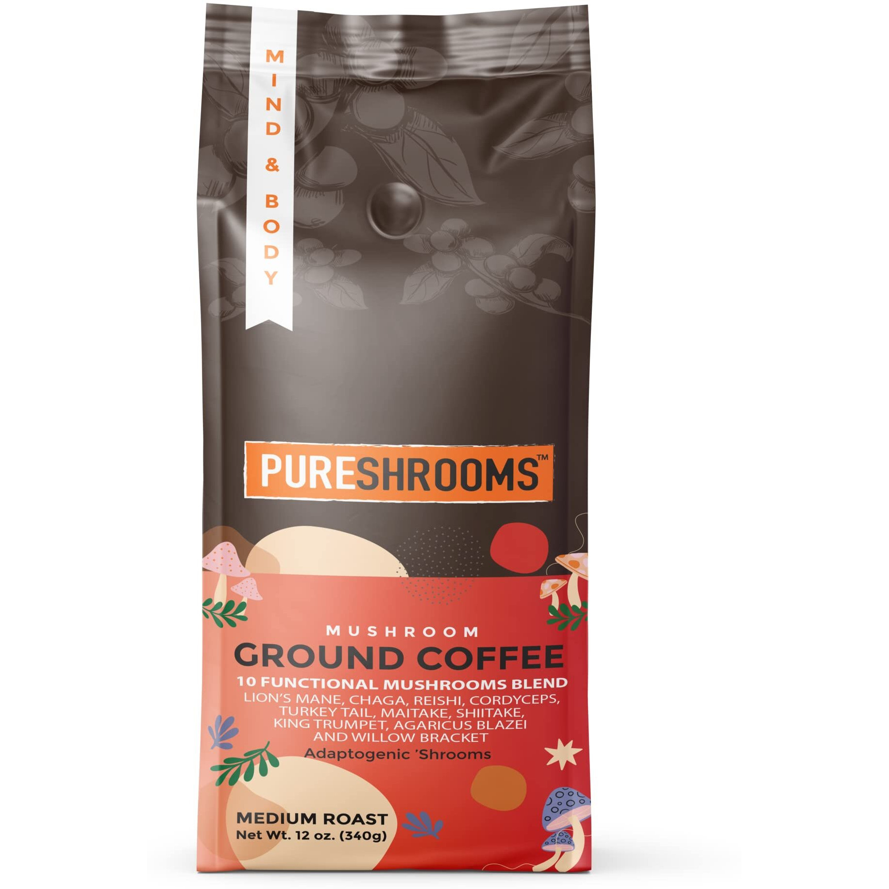 Mushroom Ground Coffee W/ 10 Organic Mushroom Extracts - King Trumpet, Agaricus Blazei, Willow Bracket, Lion's Mane, Chaga, Reishi, Cordyceps, Turkey Tail, Maitake, Shiitake 340G (Perfect 10)