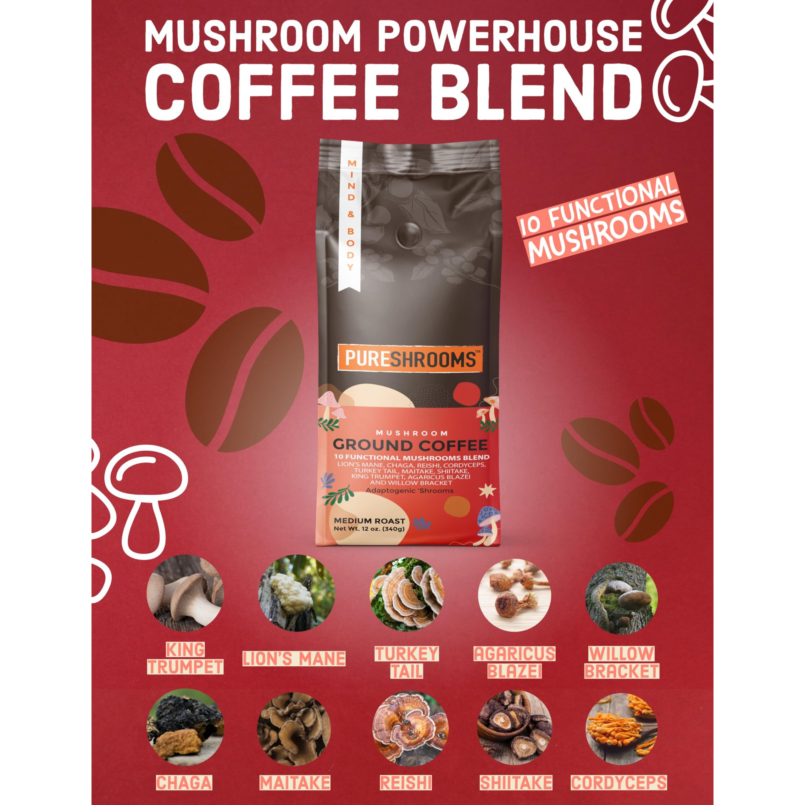Mushroom Ground Coffee W/ 10 Organic Mushroom Extracts - King Trumpet, Agaricus Blazei, Willow Bracket, Lion's Mane, Chaga, Reishi, Cordyceps, Turkey Tail, Maitake, Shiitake 340G (Perfect 10)