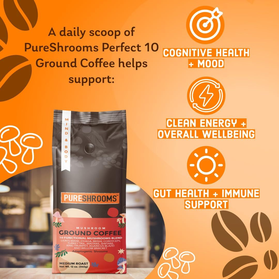 Mushroom Ground Coffee W/ 10 Organic Mushroom Extracts - King Trumpet, Agaricus Blazei, Willow Bracket, Lion's Mane, Chaga, Reishi, Cordyceps, Turkey Tail, Maitake, Shiitake 340G (Perfect 10)