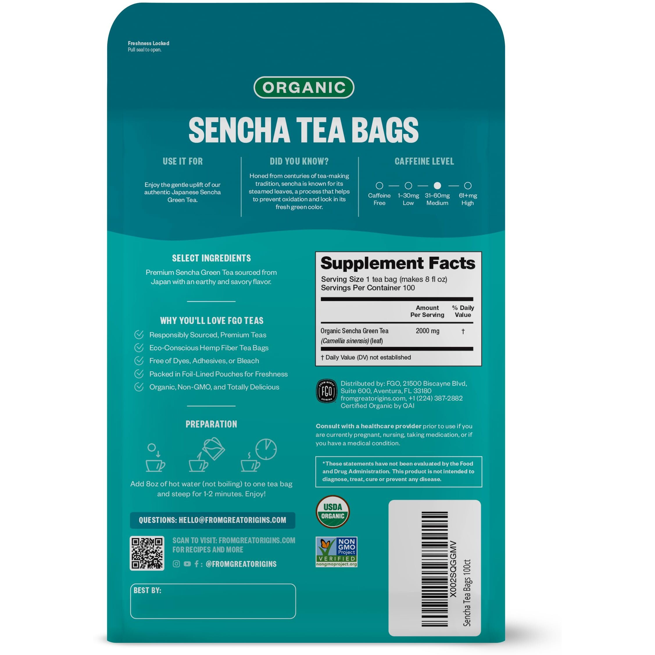 Fgo Organic Japanese Sencha Green Tea, Eco-Conscious Tea Bags, 100 Count, Packaging May Vary (Pack Of 1)