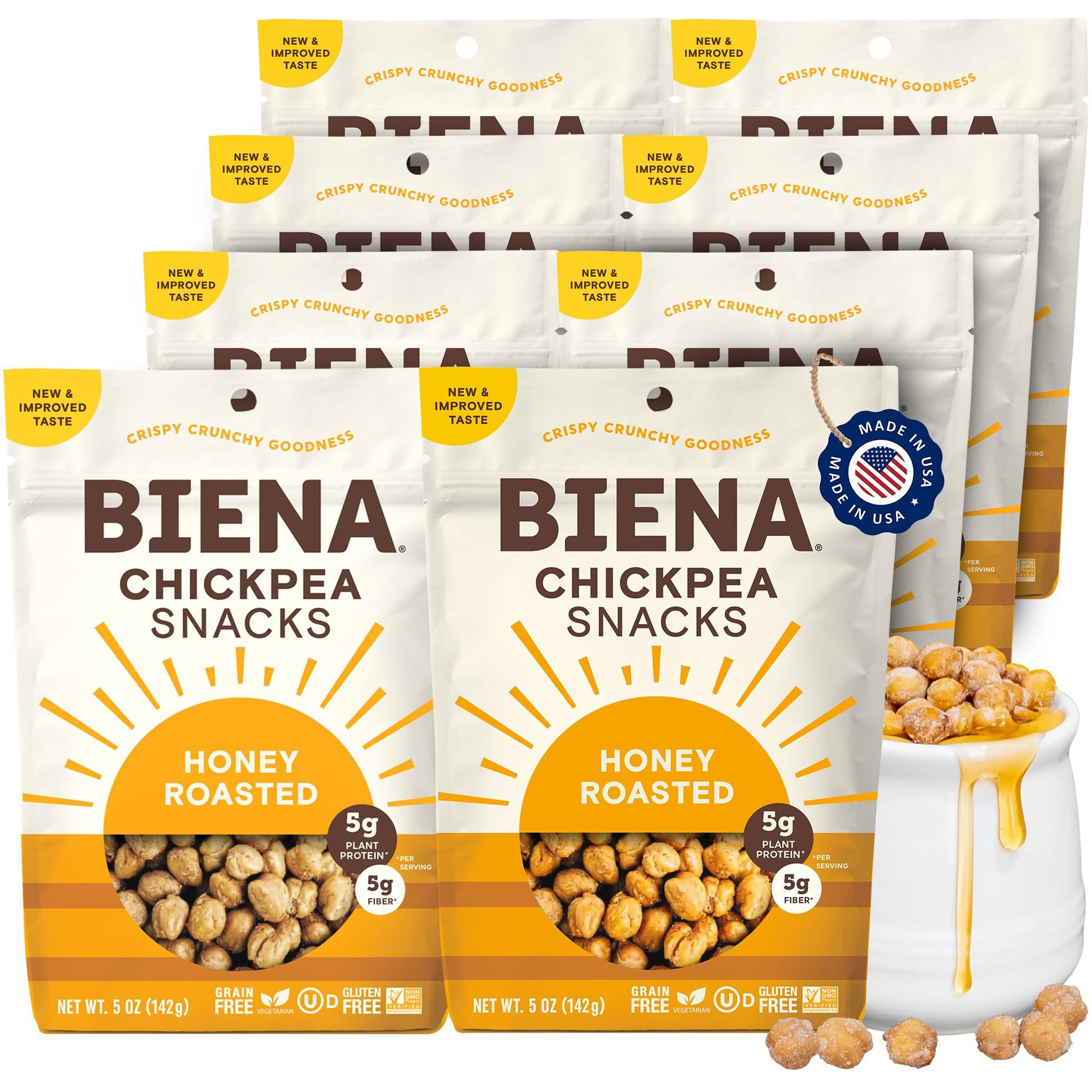 Biena Chickpea Snacks - Crunchy Roasted Chickpeas - High Fiber Vegan Protein Snacks For Adults And Kids - 8-Pack, 5 Ounce Bags - Honey Roasted