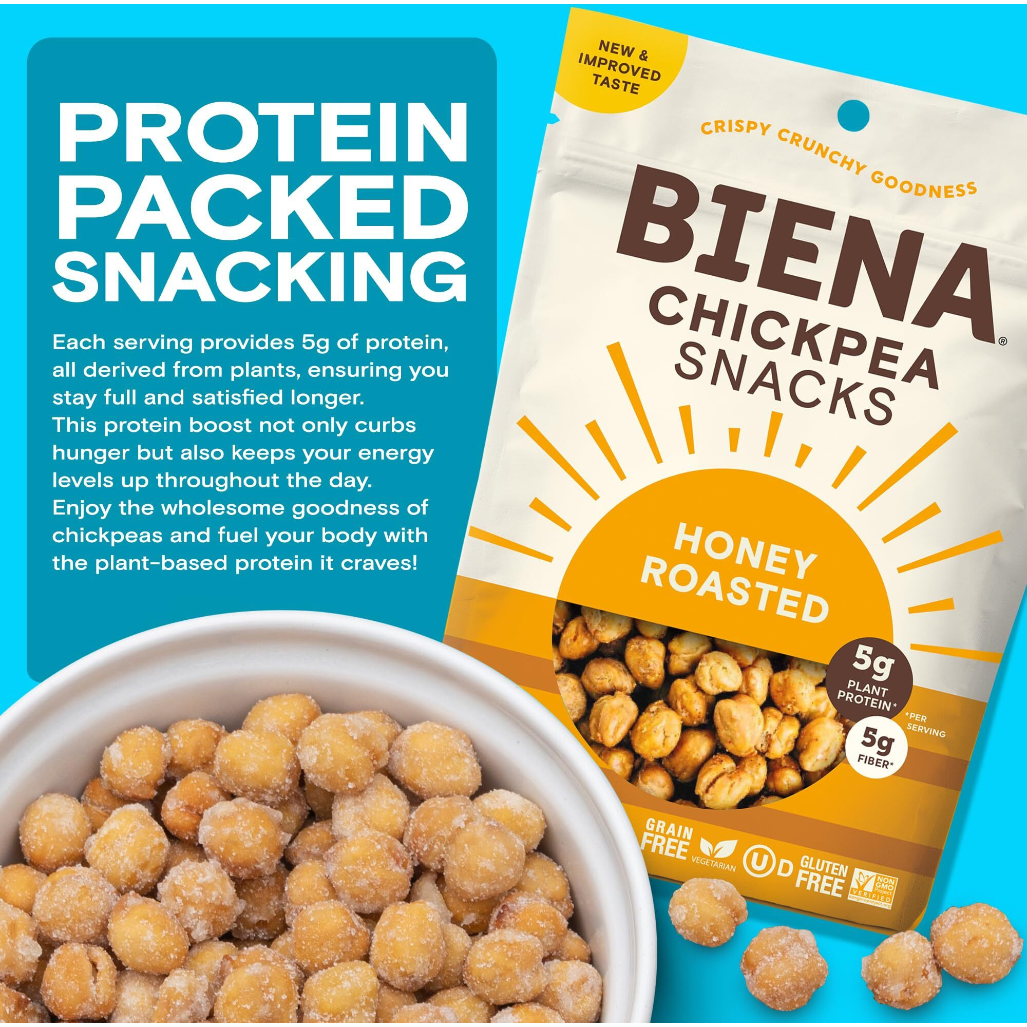 Biena Chickpea Snacks - Crunchy Roasted Chickpeas - High Fiber Vegan Protein Snacks For Adults And Kids - 8-Pack, 5 Ounce Bags - Honey Roasted