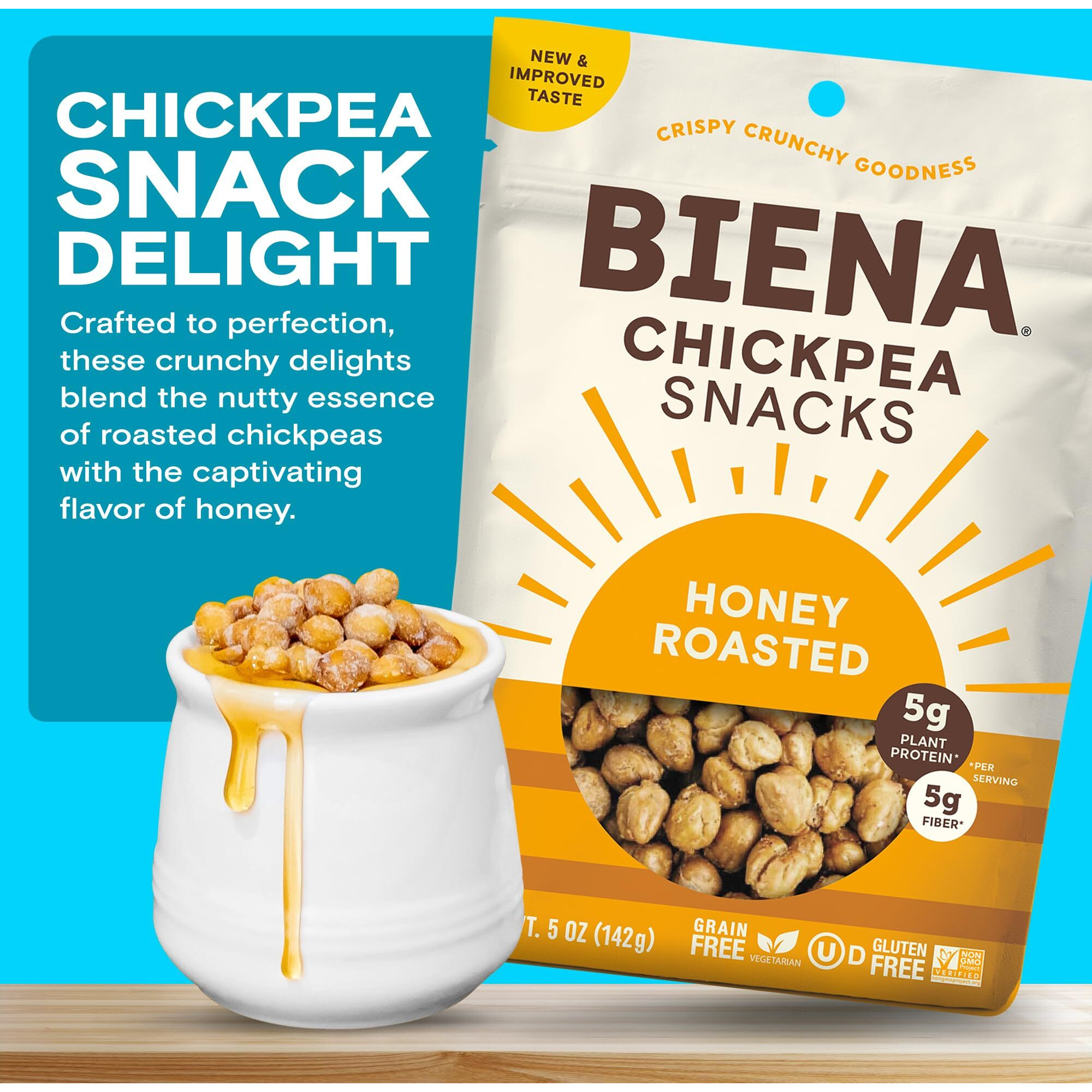 Biena Chickpea Snacks - Crunchy Roasted Chickpeas - High Fiber Vegan Protein Snacks For Adults And Kids - 8-Pack, 5 Ounce Bags - Honey Roasted