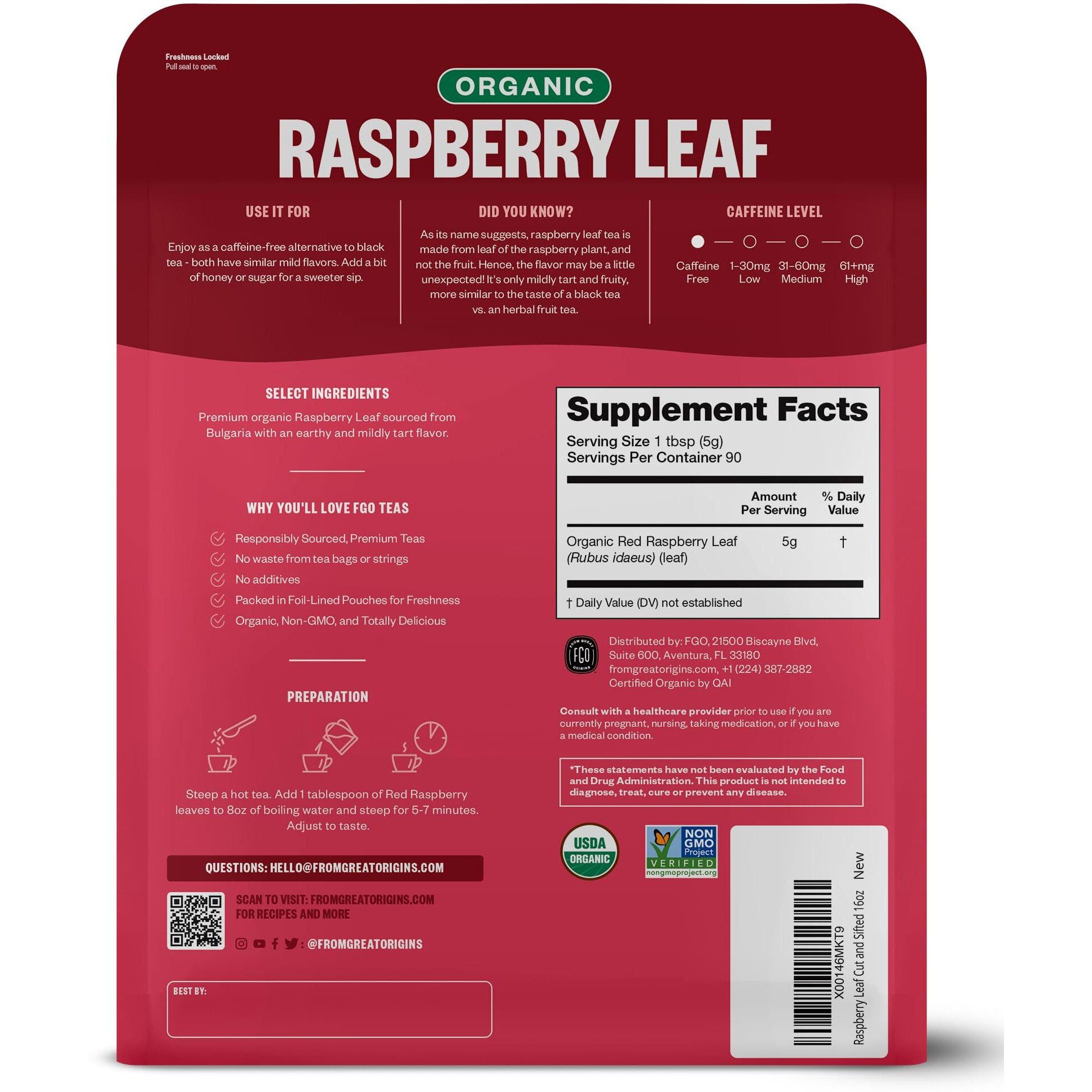 Fgo Organic Red Raspberry Loose Leaf Tea, Cut And Sifted, 16Oz, Packaging May Vary (Pack Of 1)