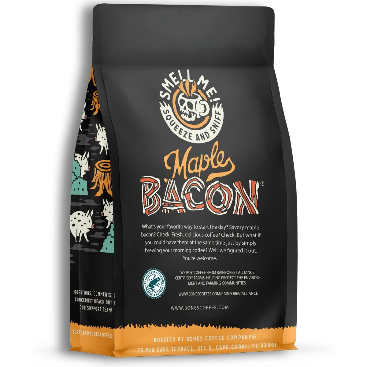 Bones Coffee Company Maple Bacon Whole Coffee Beans, Low Acid Flavored Coffee, Made With Arabica Coffee Beans, Medium Roast Gourmet Coffee, Coffee Lover Gift Ideas (12 Oz)